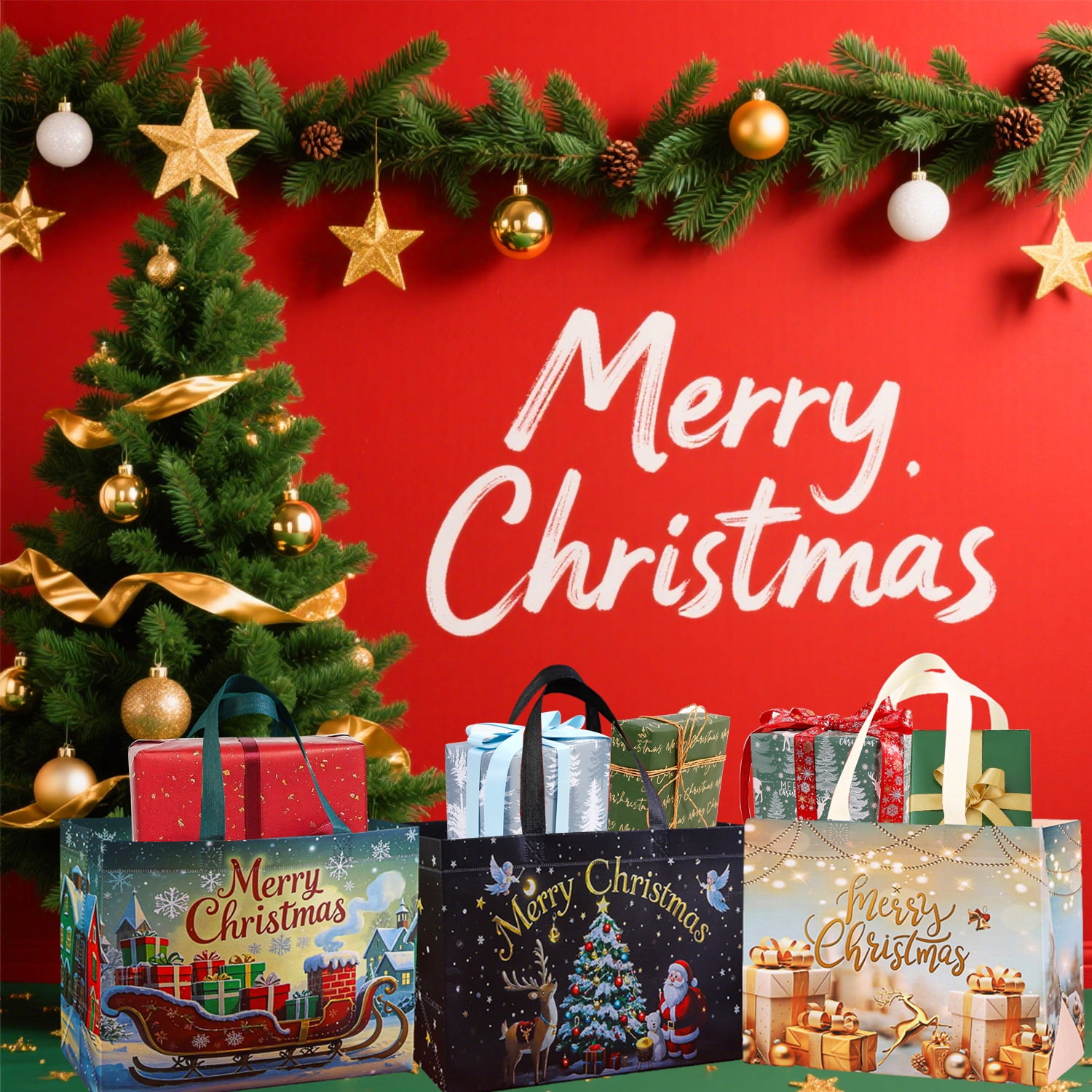 RICHTOP Christmas Gift Bags Non-Woven Holiday Party Tote Bags with Handles (9 Designs, 12.8 in x 9.8 in x 6.7 in) swifb