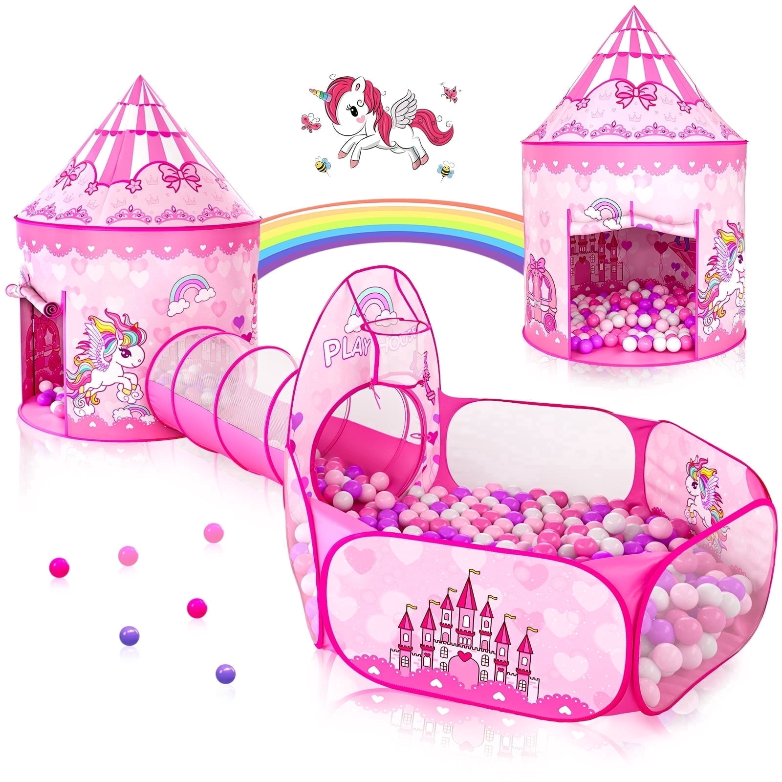 Wilwolfer Kids Play Tent and Tunnel Set with Ball Pit for Indoor and Outdoor Fun (Pink, 3-Piece Set) yqad5