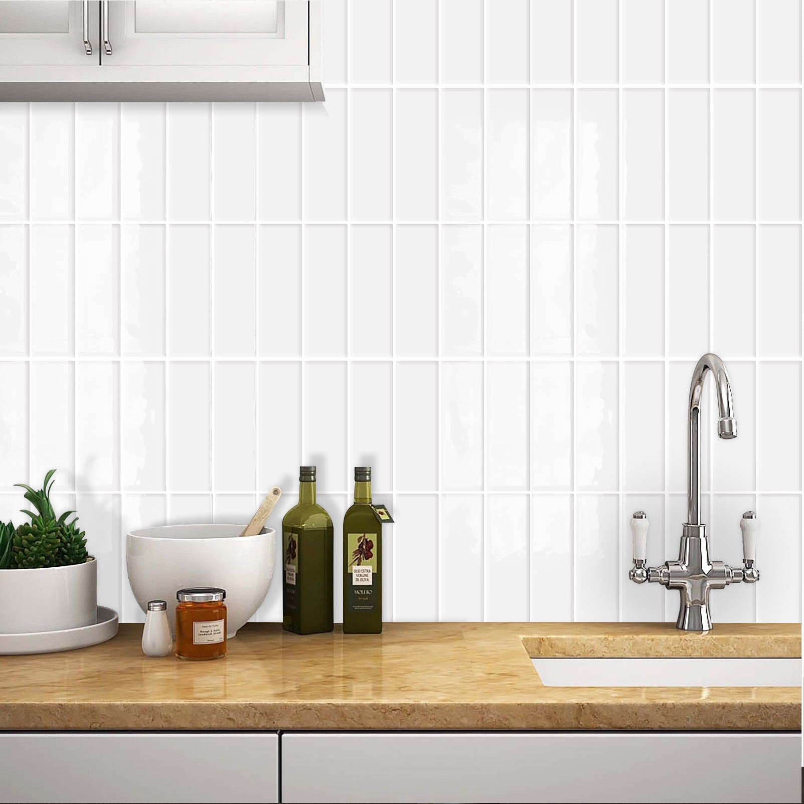 DEWOO Peel and Stick Backsplash Wall Tiles, Extra Thick 3D Adhesive Panels for Kitchen and Bathroom (White, 10 Pack, 12 in x 12 in) v78c3