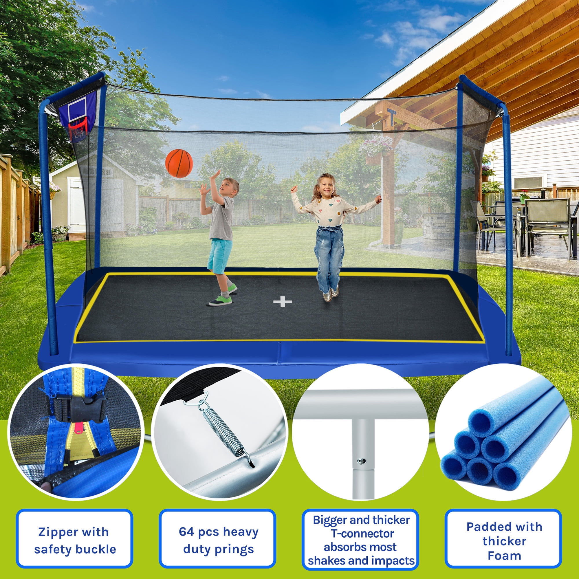 SUNRINX 8x12 ft Rectangular Trampoline with Basketball Hoop and Ladder (Blue, 8x12 ft) 79wdu