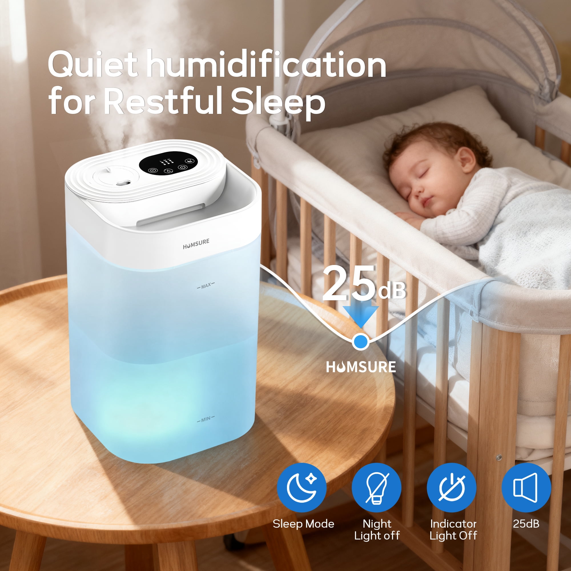 HUMSURE Ultrasonic Cool Mist Humidifier for Bedroom and Plants, Silent Operation with Essential Oil Tray and 7-Color LED Light (White, 1.19 gal) fsspf