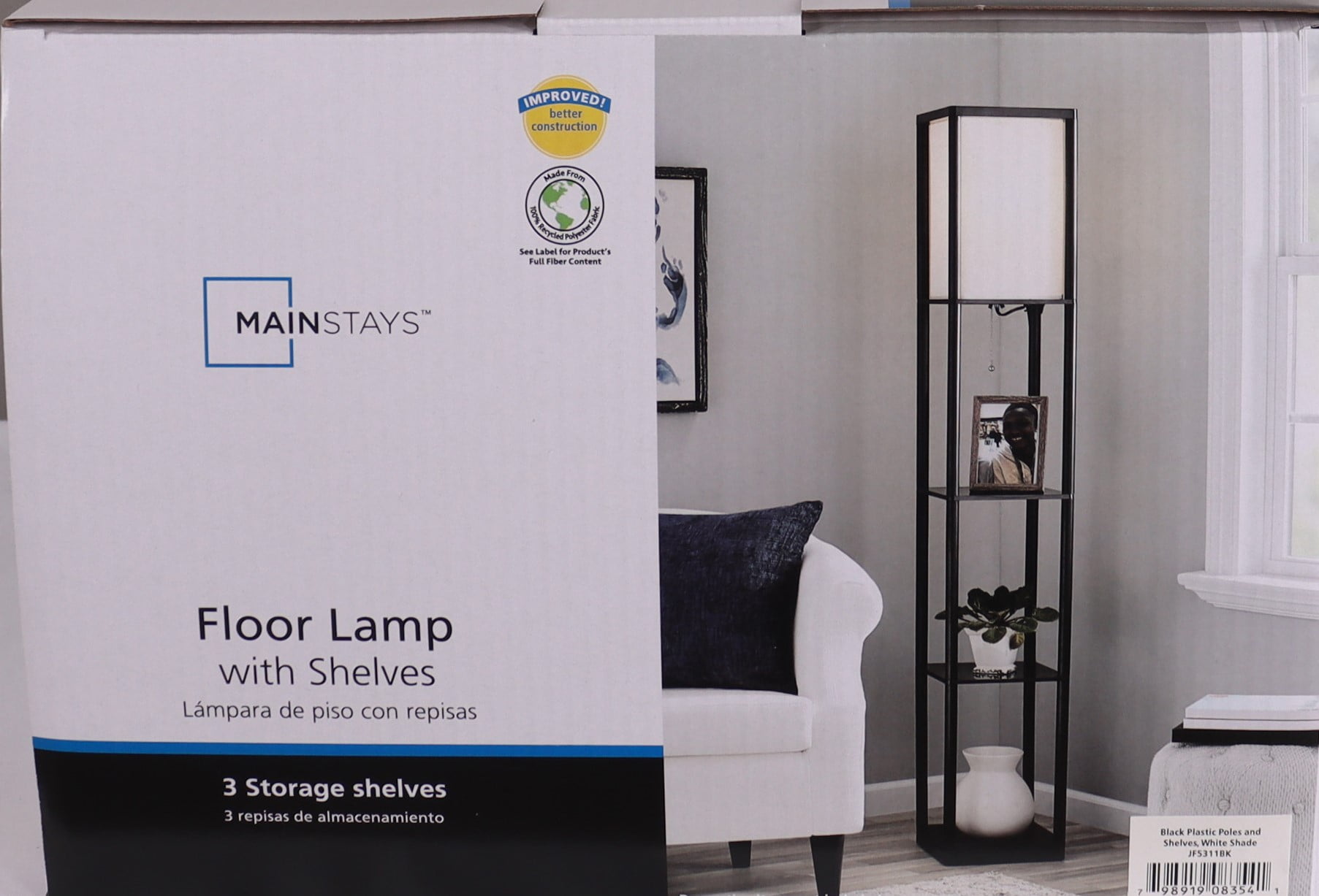 Mainstays Floor Lamp with Storage Shelves and Fabric Shade (Black, 62 in) wfgvd