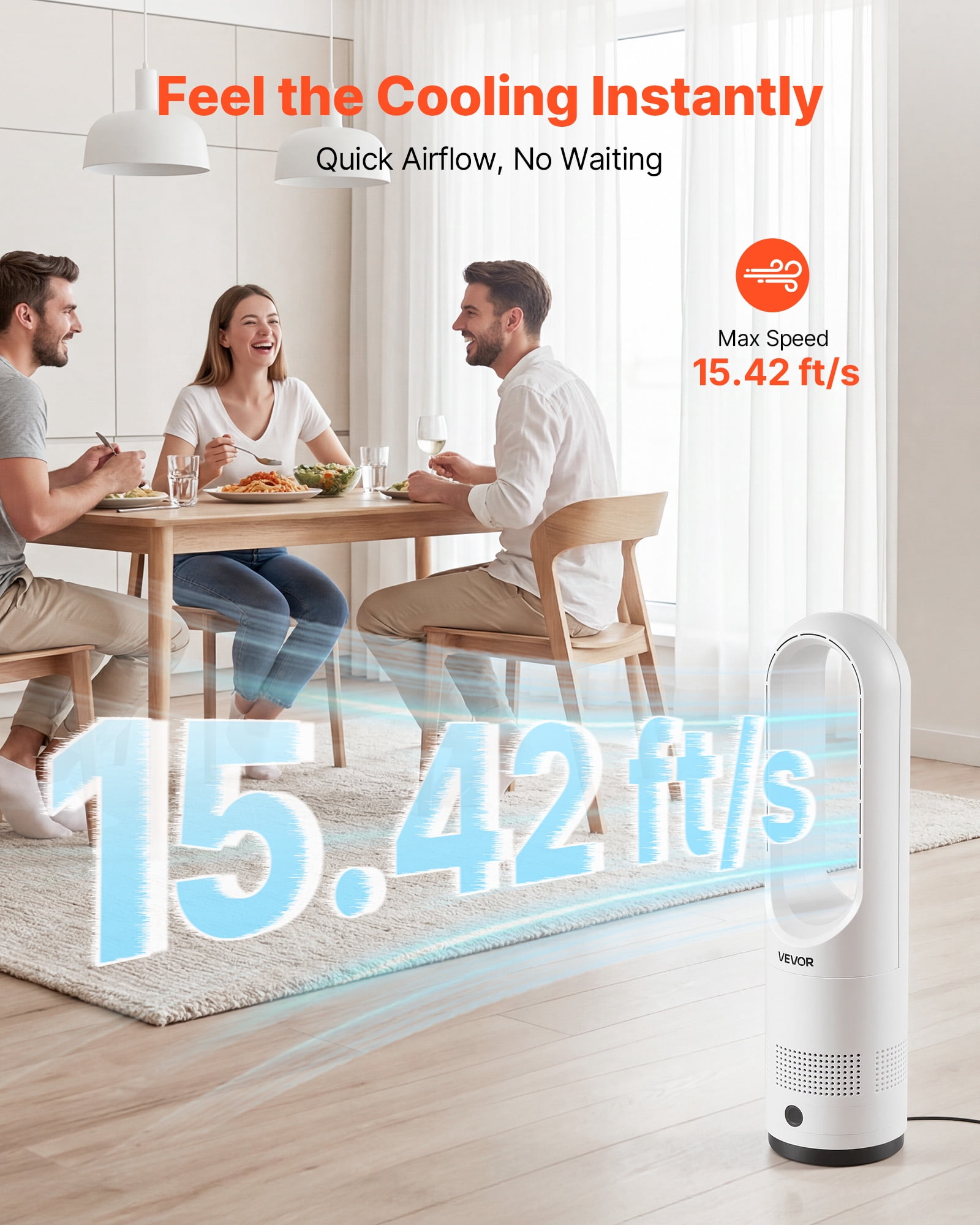 VEVOR Bladeless Tower Fan, Oscillating Standing Floor Fan with Remote, 8 Speeds, Quiet Air Circulator for Bedroom and Living Room (White) xv1w5
