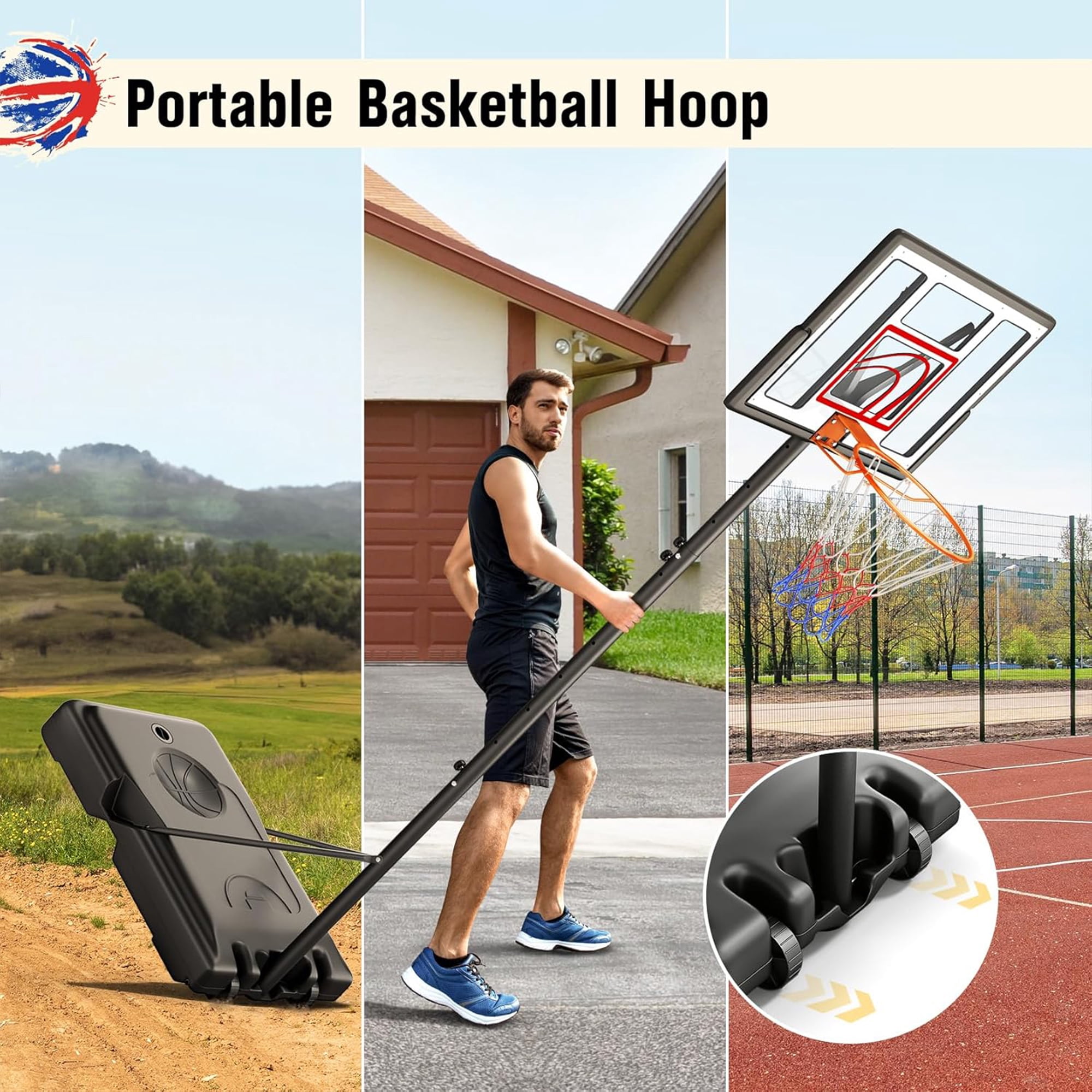 Toremore 44 in Portable Basketball Hoop System, Adjustable Height 4.43-10 ft with Shatterproof Backboard (Red) eqmj3