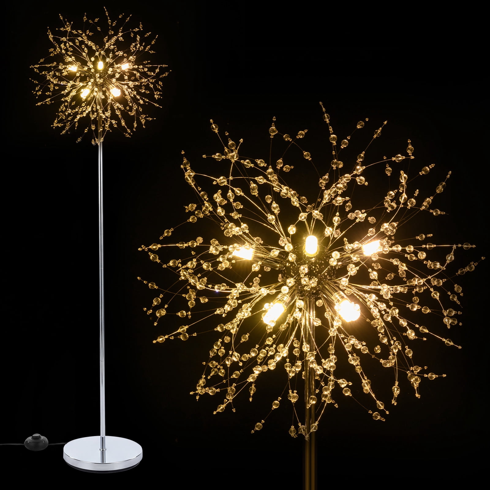 Gymax Crystal Floor Lamp Dandelion Style Standing Light with Foot Switch (Silver, 63 in) 9vs9v