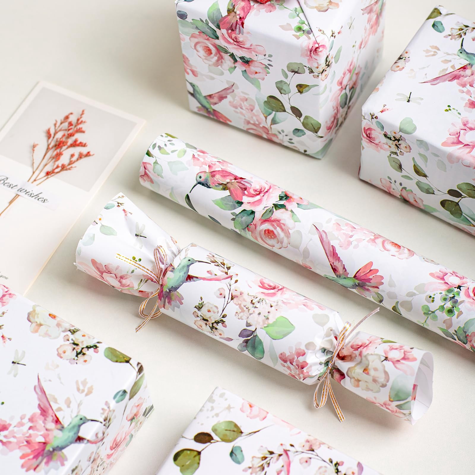 HOMERAL Floral Gift Wrapping Paper Roll - Romantic Pink Bird Design for Birthdays and Weddings (Pink, 17 in x 33 ft) mlgka
