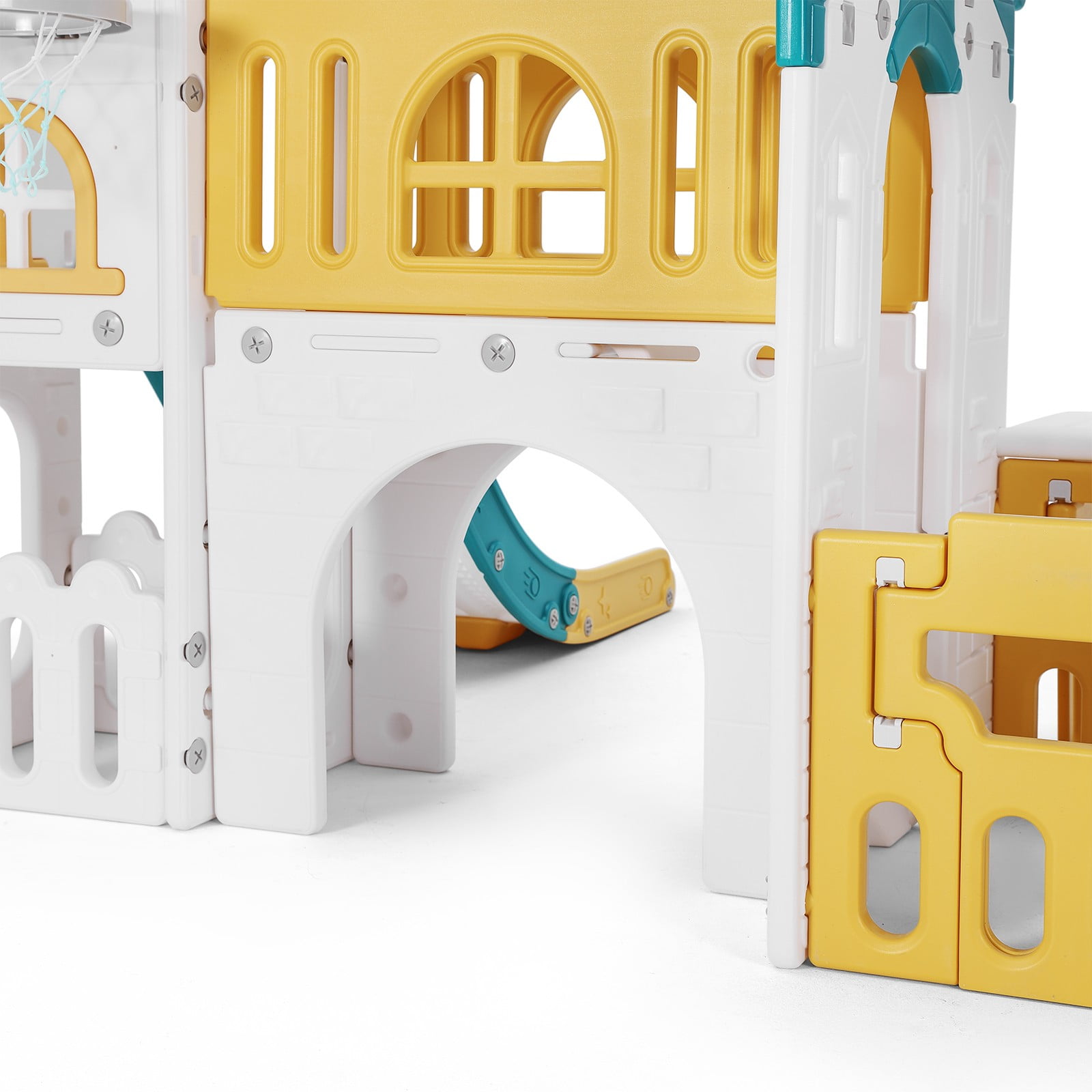 Joyldias 9-in-1 Toddler Slide and Playhouse Playset with Basketball Hoop and Climbing Ladder (Green, Yellow, White) k0fc2