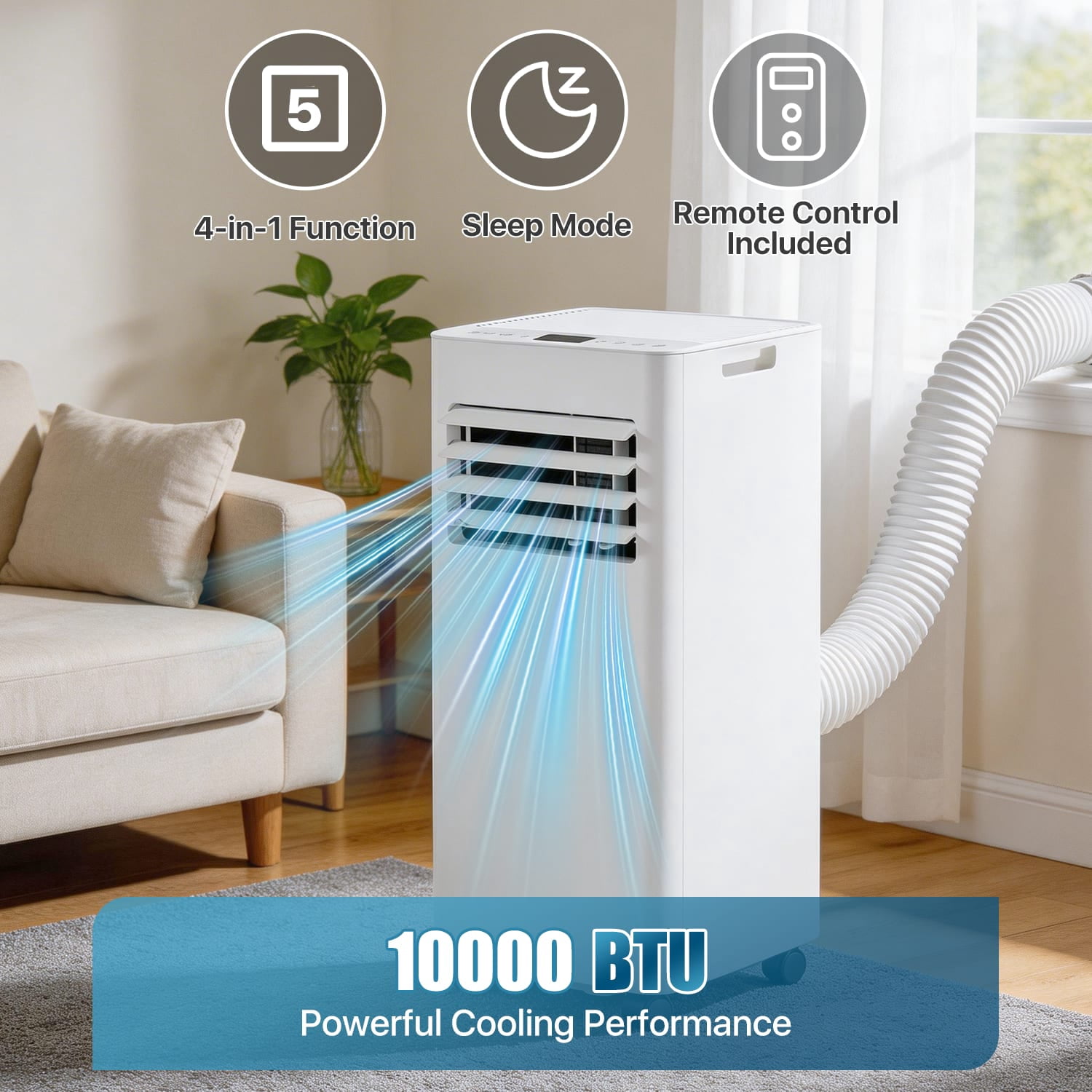 Sunmthink 10000 BTU Smart Portable Air Conditioner, 4-in-1 Cooling Dehumidifier Fan Unit with Remote & App Control (White, 400 sq. ft.) t1lah