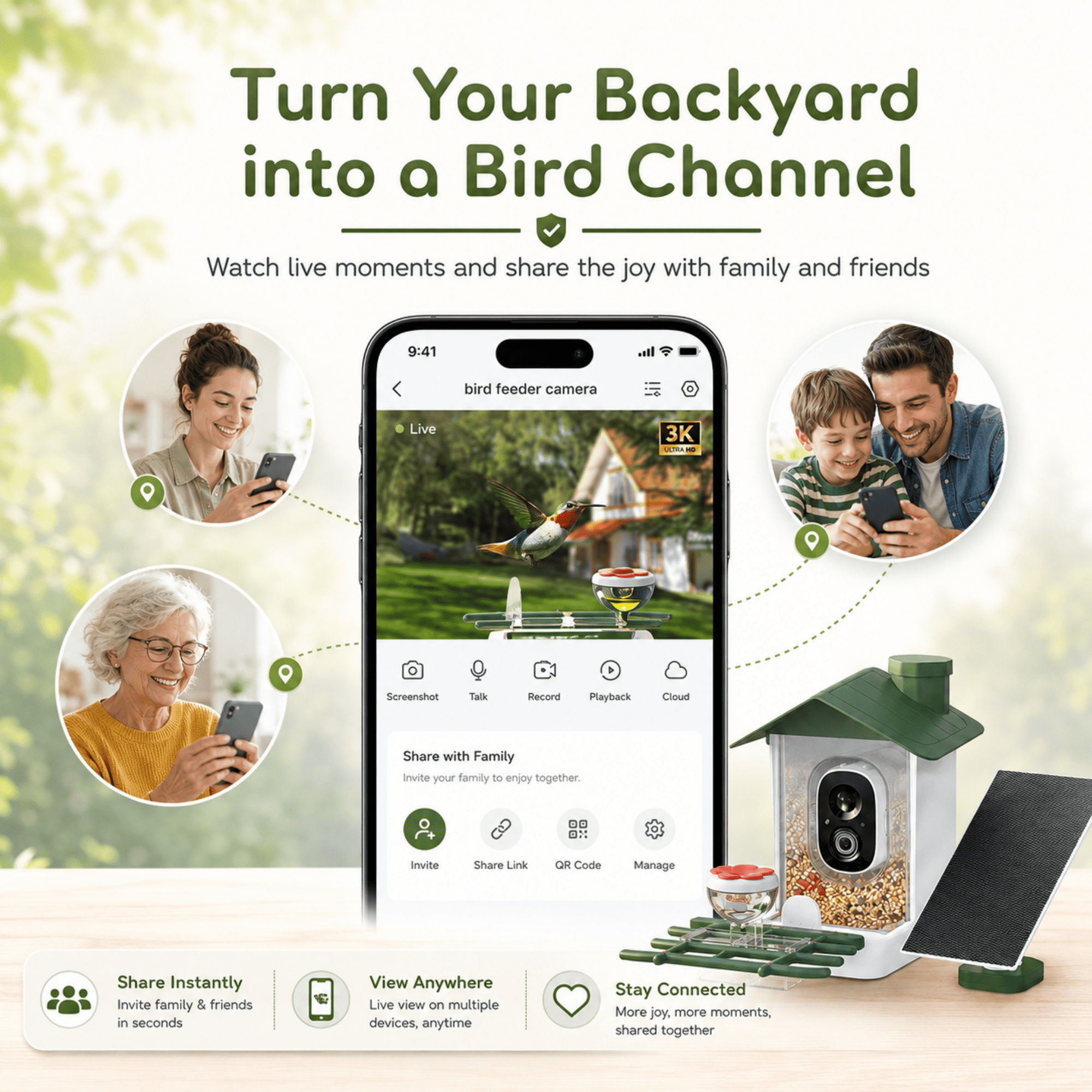 Mehoom Smart Bird Feeder with Camera, 3K HD AI Bird Recognition, Solar Powered Outdoor Wildlife Camera (Green) 2k1ye