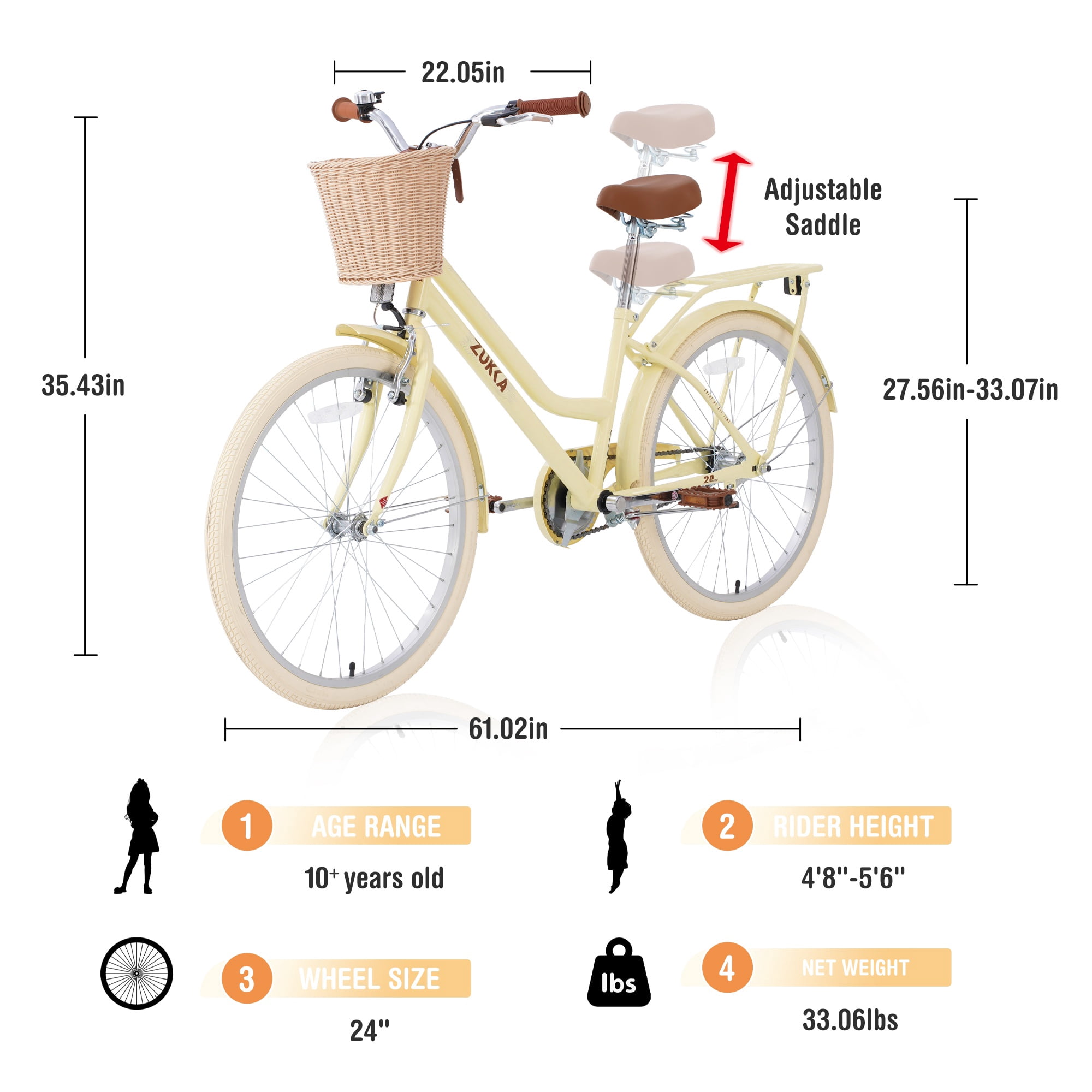 Holaki 24 in Kids Beach Cruiser Bike, Steel Frame Commuter Bicycle with Basket and Rack (Yellow, 24 in) 00kr9
