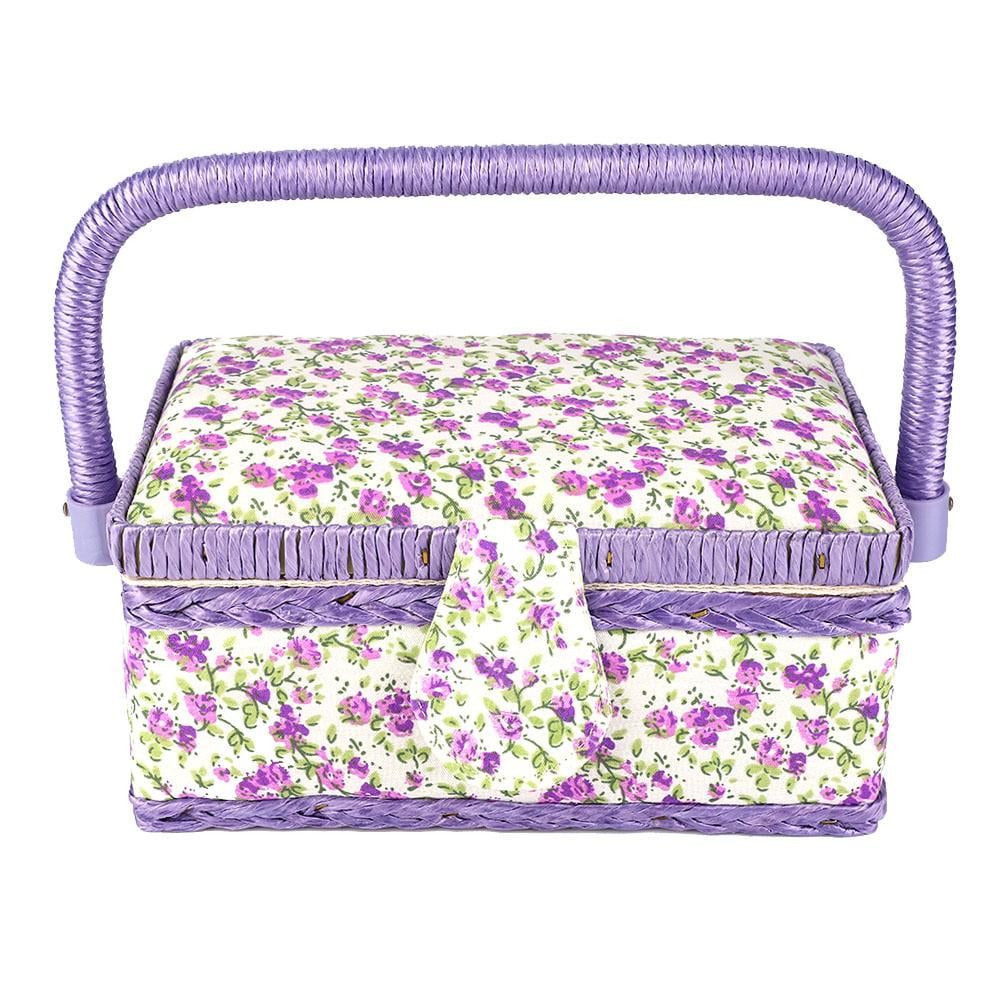 Tebru Sewing Basket Organizer with Handle, Double-Layer Storage Box for Thread and Needle (Purple Flower, 12 in x 9 in x 6 in) bo8la