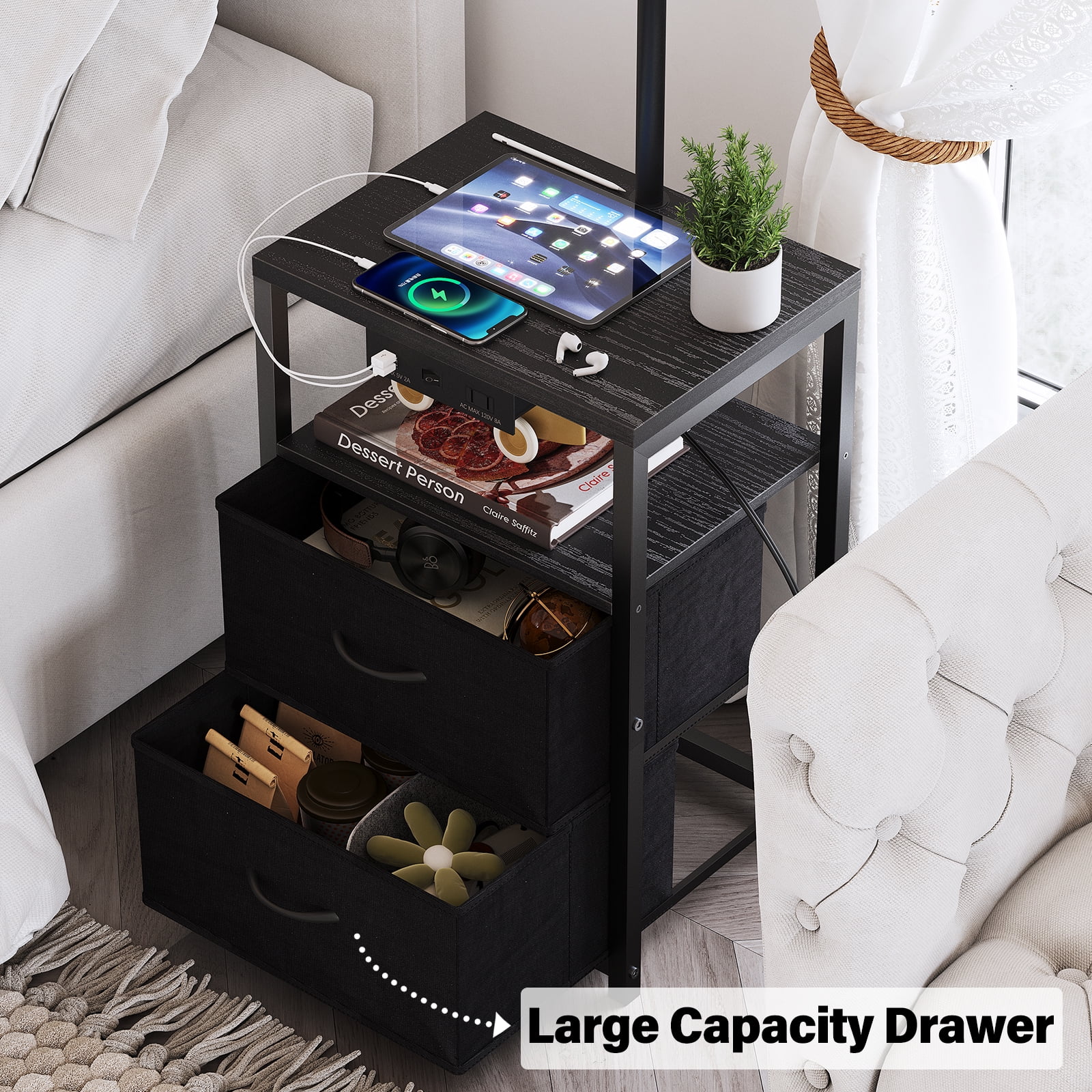 SUNMORY Floor Lamp with Side Table and 2 Drawers, Charging Station with USB Ports and Outlet, LED Bulb Included (Black) o1fik