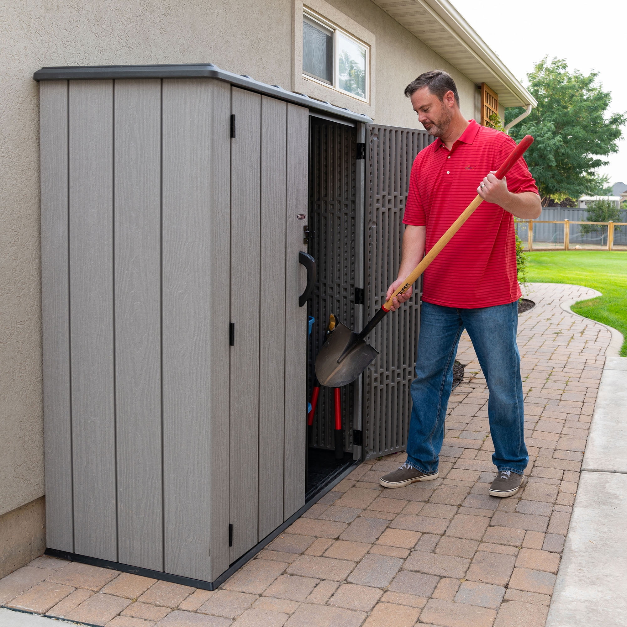 Lifetime Vertical Outdoor Storage Shed, Weather-Resistant Polyethylene Garden Organizer (Gray, 53 cubic feet) s1c6d