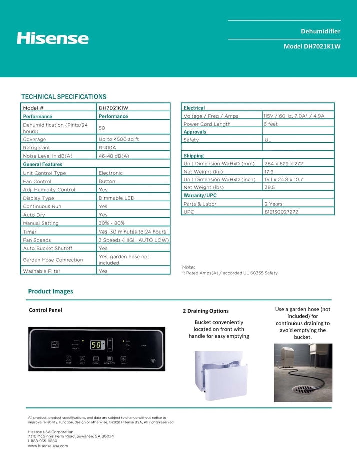 Hisense 50 Pint Dehumidifier with 3-Speeds for Large Rooms up to 4500 sq. ft (White, 50 Pint) u3u4m