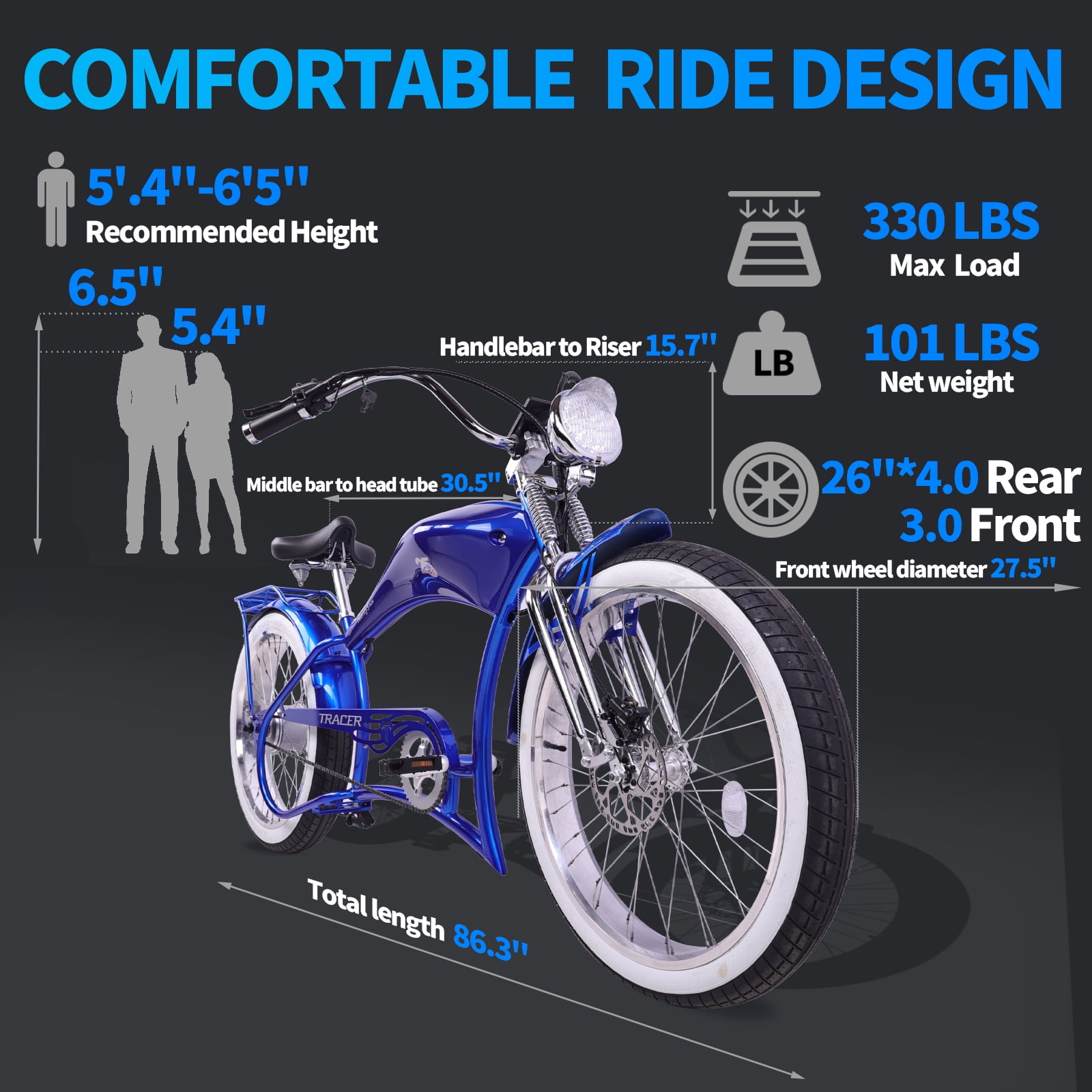 Tracer Twenty5 DS Cruiser Electric Bike, 800W Motor, 48V Battery, Hydraulic Disc Brakes, Suspension Fork (Blue, 26 in) 26ee4