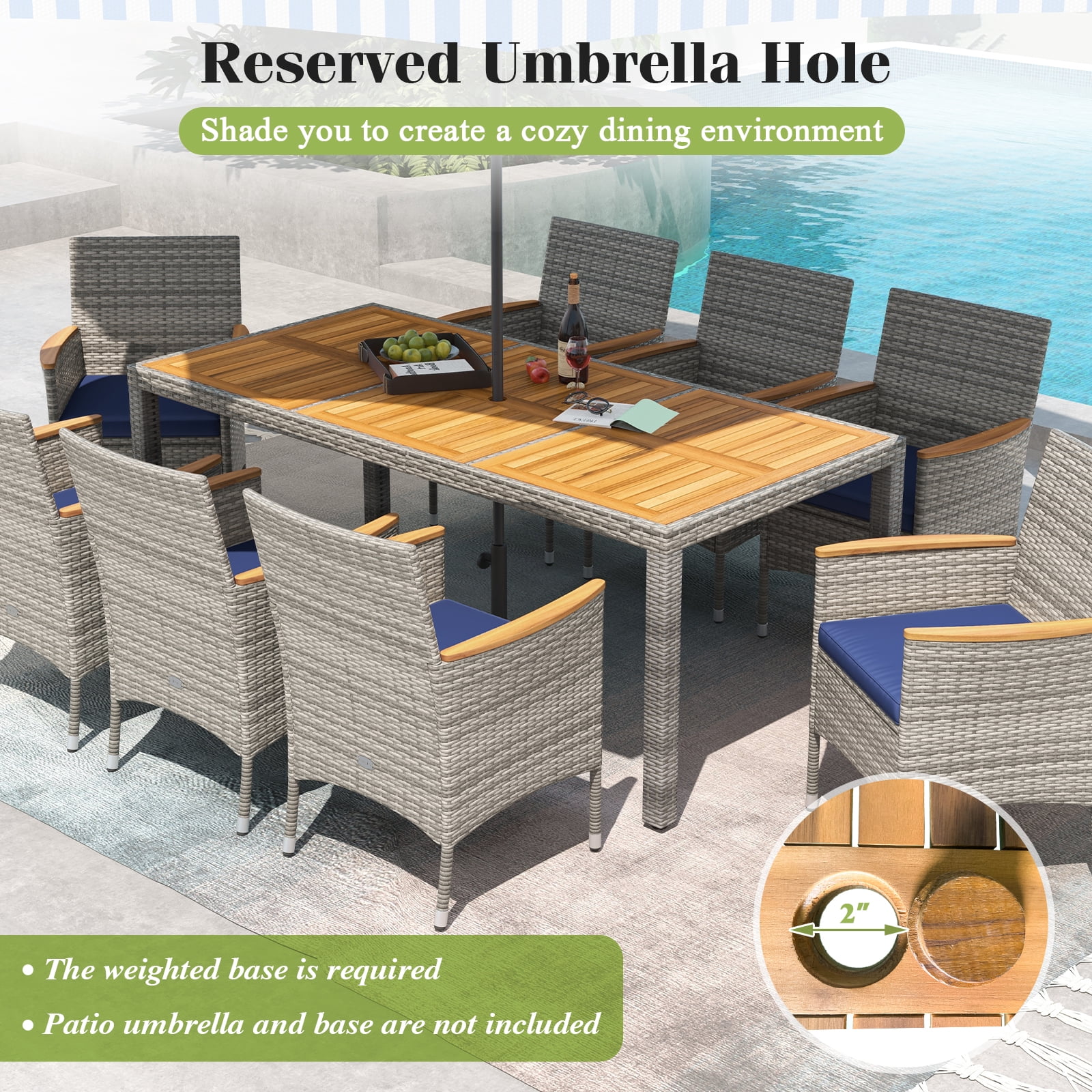 Gymax 9-Piece Patio PE Wicker Dining Set with Acacia Wood Table and Cushioned Chairs (Navy, 9-Piece Set) xmgz5