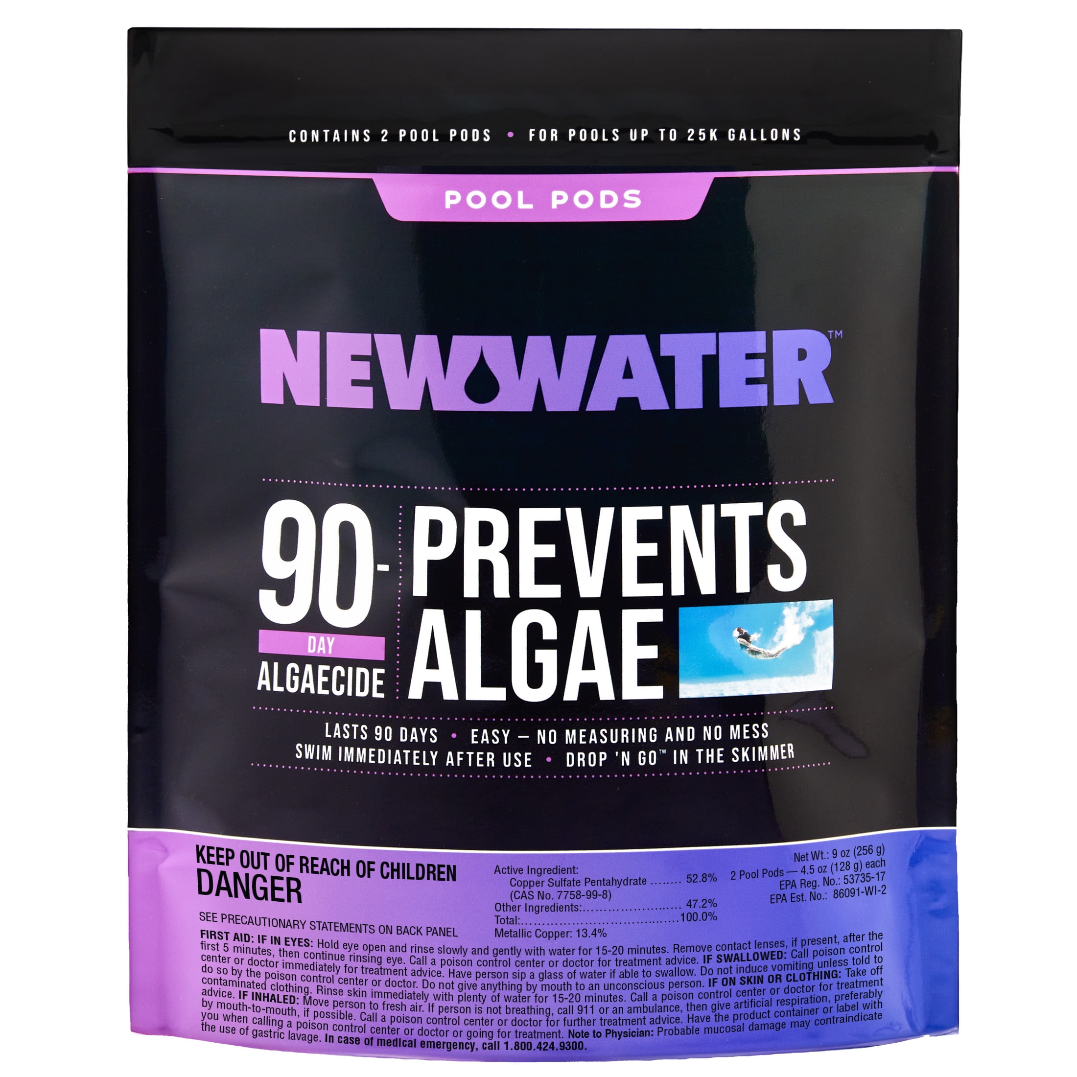 New Water 90-Day Algaecide Pool Pods (Dry Concentrated Algae Prevention, 2-Pack, 9 oz) r5jsp