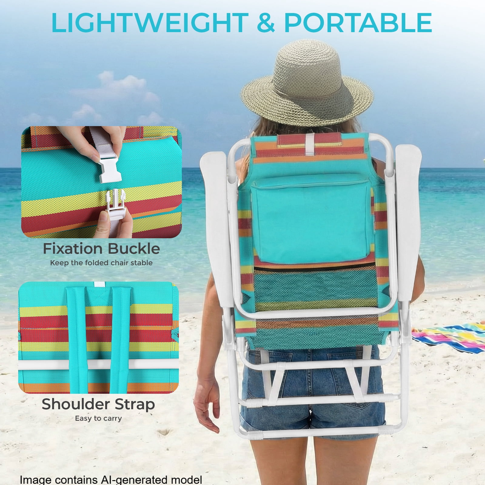 Pirecart Folding Backpack Beach Chairs with 5-Position Recline and Cooler Pouch (Multi-Color Stripes, Set of 2) 8sl2t