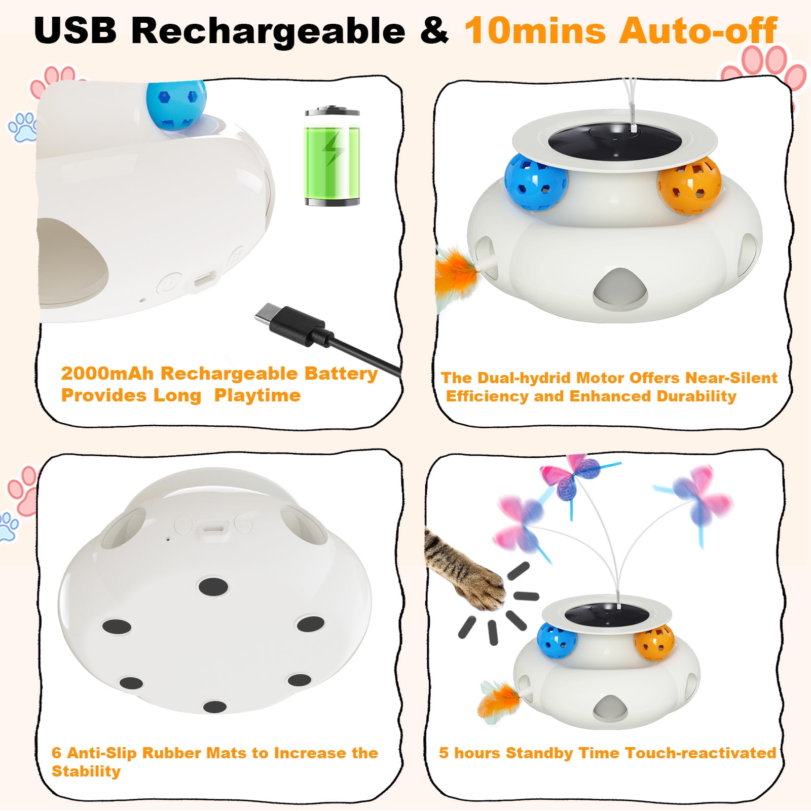 UniMaxLink Electric Interactive Cat Toy, Automatic Rotating Butterfly Feather Wand with USB Rechargeable Battery (White) mp0r1