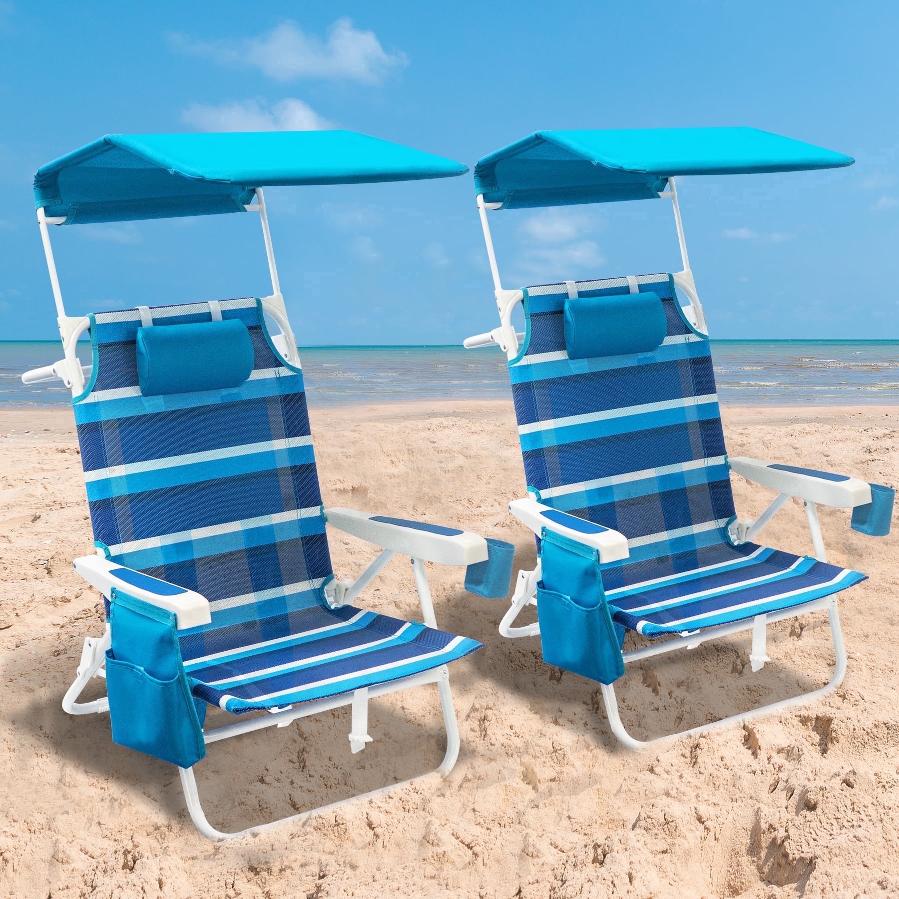 WILDYEE Double Camping Chair Heavy Duty Folding Loveseat with Sun Canopy and Cup Holders (Blue Stripe, 2 Pack) alb5d