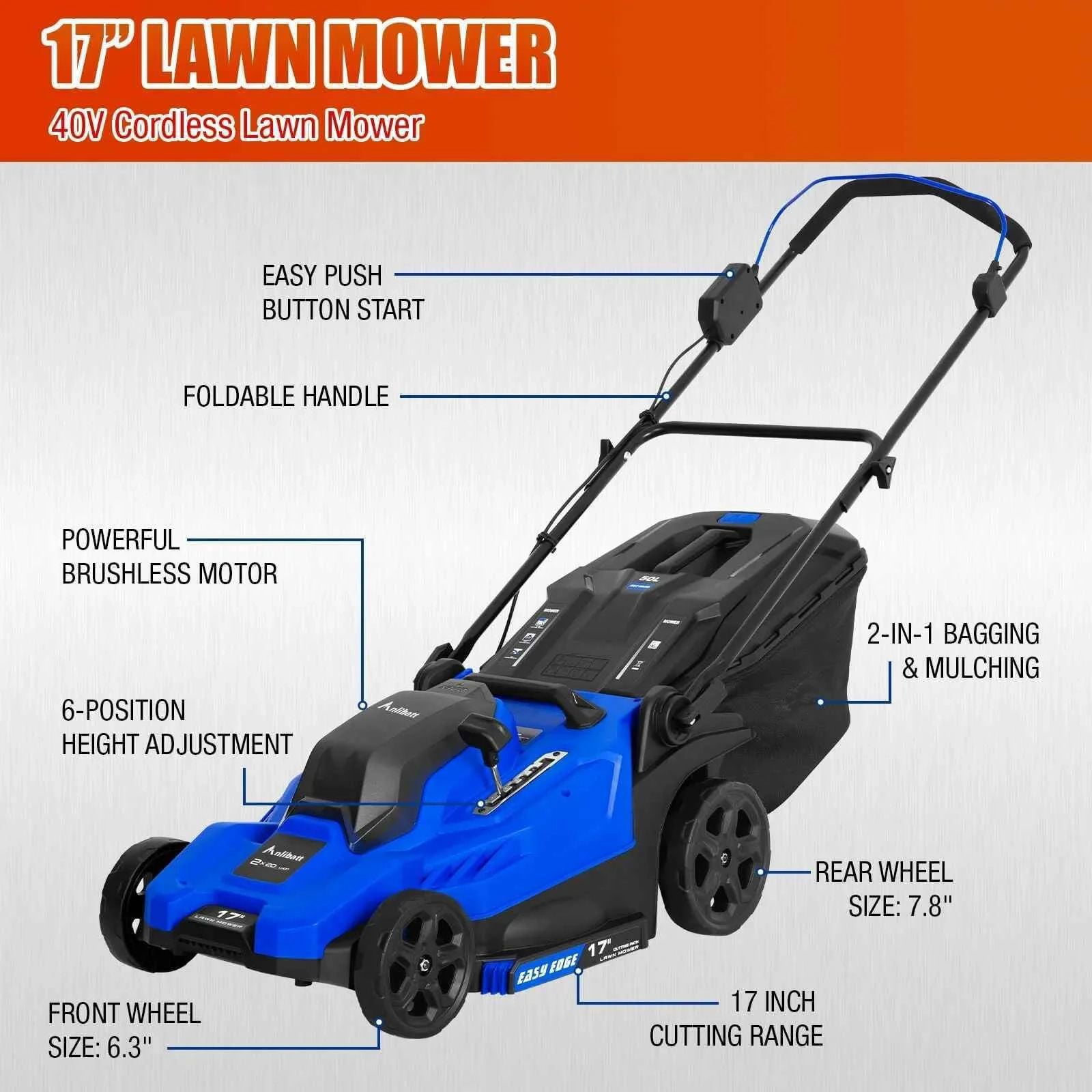 ANLIBATT 40V Cordless Lawn Mower Combo Set with Trimmer and Blower (Blue, 17 in) 61bbc