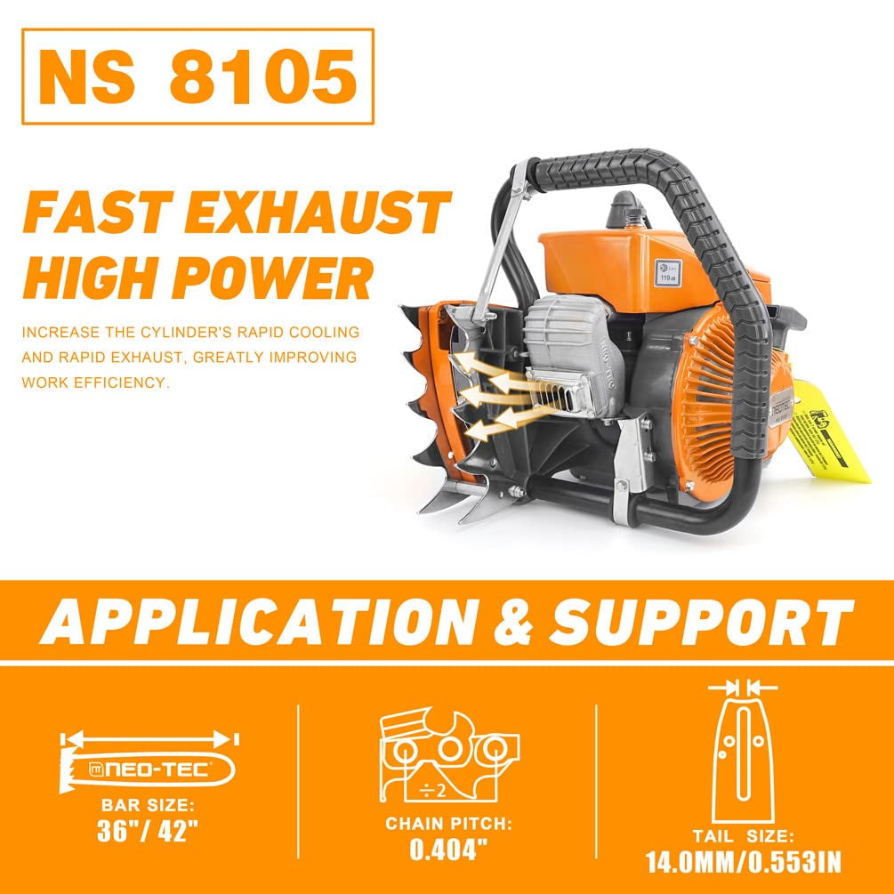 Neotec 105cc Gas Chainsaw with 36 in Guide Bar, Professional Heavy-Duty Gasoline Wood Cutting Saw (Orange, 36 in) yguev