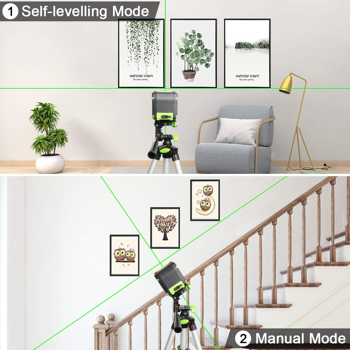 Huepar Self-Leveling Green Beam Laser Level Cross Line Tool with Rechargeable Battery (Green, 165 ft) 2pppu