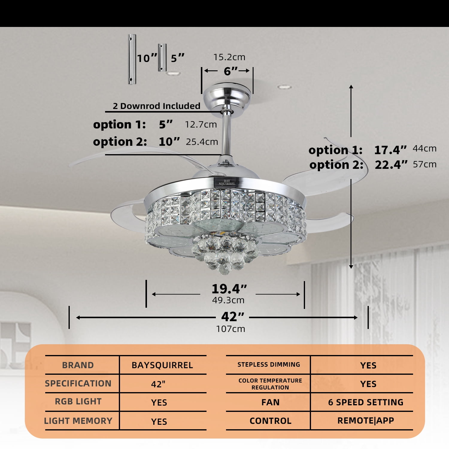 BAYSQUIRREL Retractable Crystal Ceiling Fan with RGB LED Light, Bluetooth Speaker, Remote & APP Control (6 Speeds, 42 in) 34zws