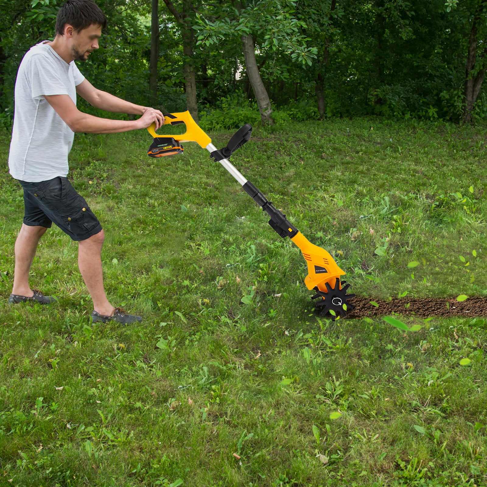 Generic Cordless Electric Tiller Cultivator, 20V Battery Powered Garden Rototiller with Adjustable Handle (Yellow, 8.38 lb) uhp6r
