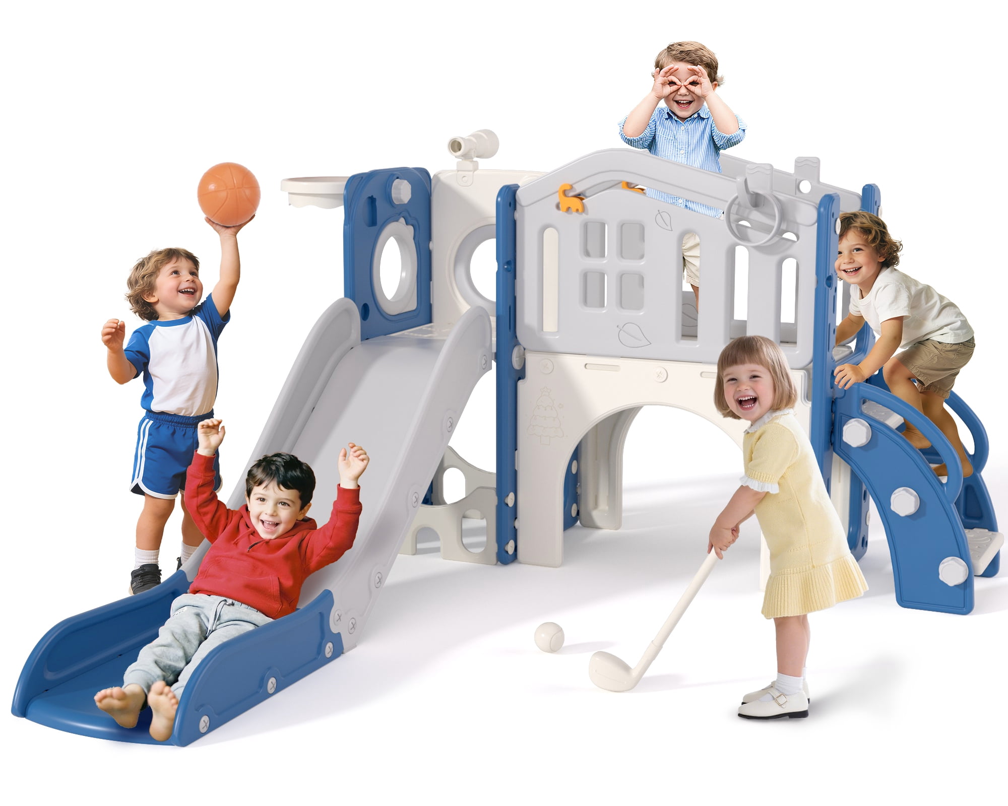 XJD 10-in-1 Toddler Slide and Activity Playset, Indoor and Outdoor Playground with Basketball Hoop and Climbing Zone (Blue and Gray) 125sk