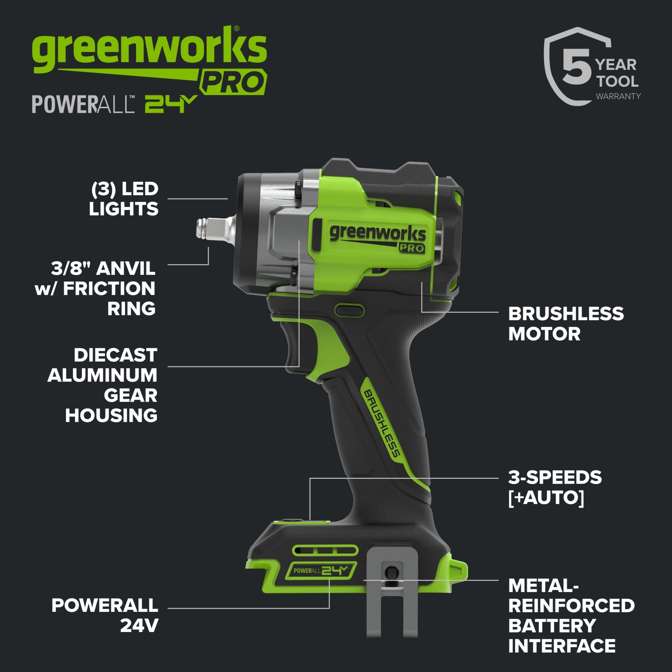 Greenworks Pro PowerAll 24V Brushless 3/8-inch Impact Wrench with 400 ft-lb Breakaway Torque (Green, Tool Only) 91uu6