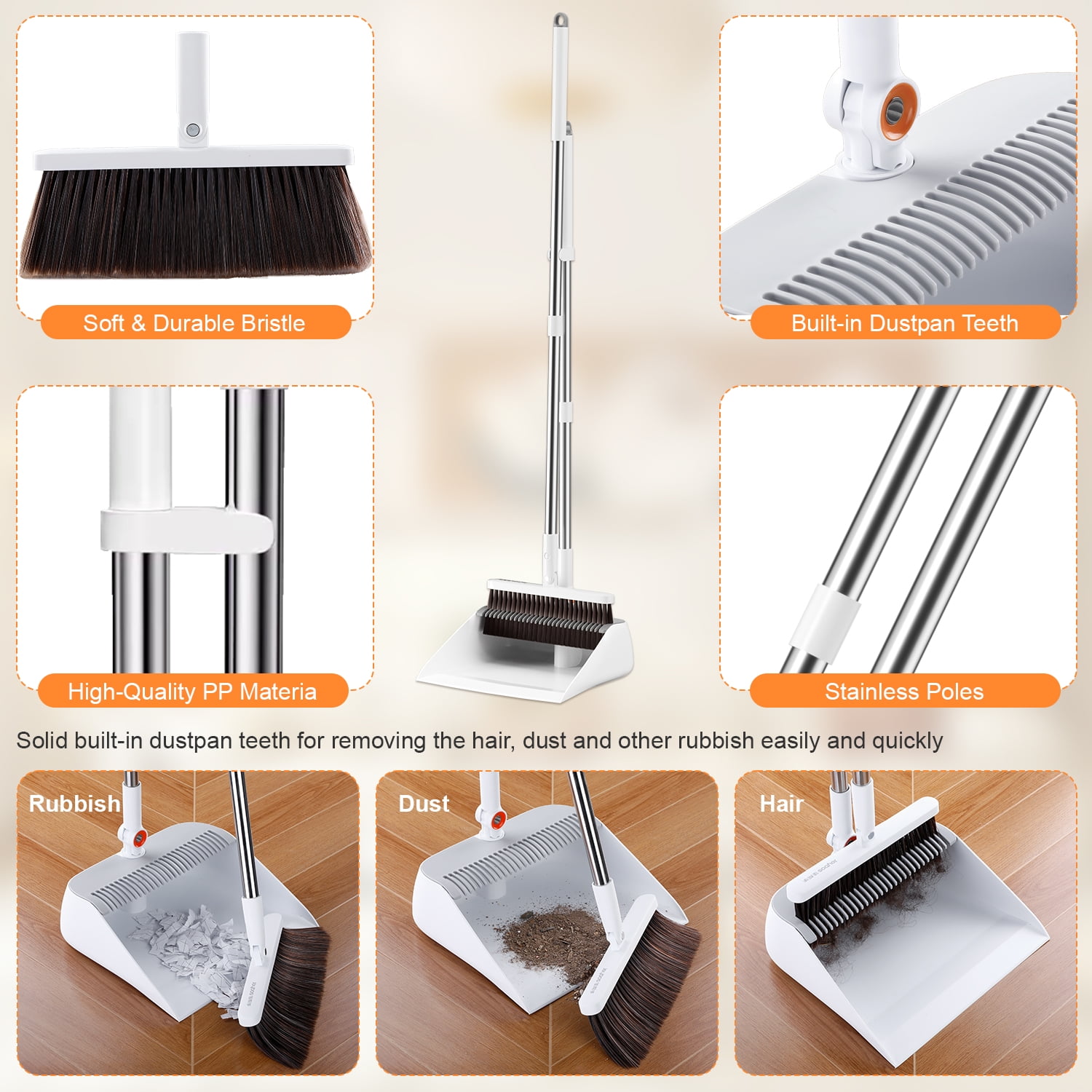 MAOFACE Broom and Dustpan Set for Home, Upright Cleaning Combo with Integrated Comb Teeth (White, 39 in) 76ckv