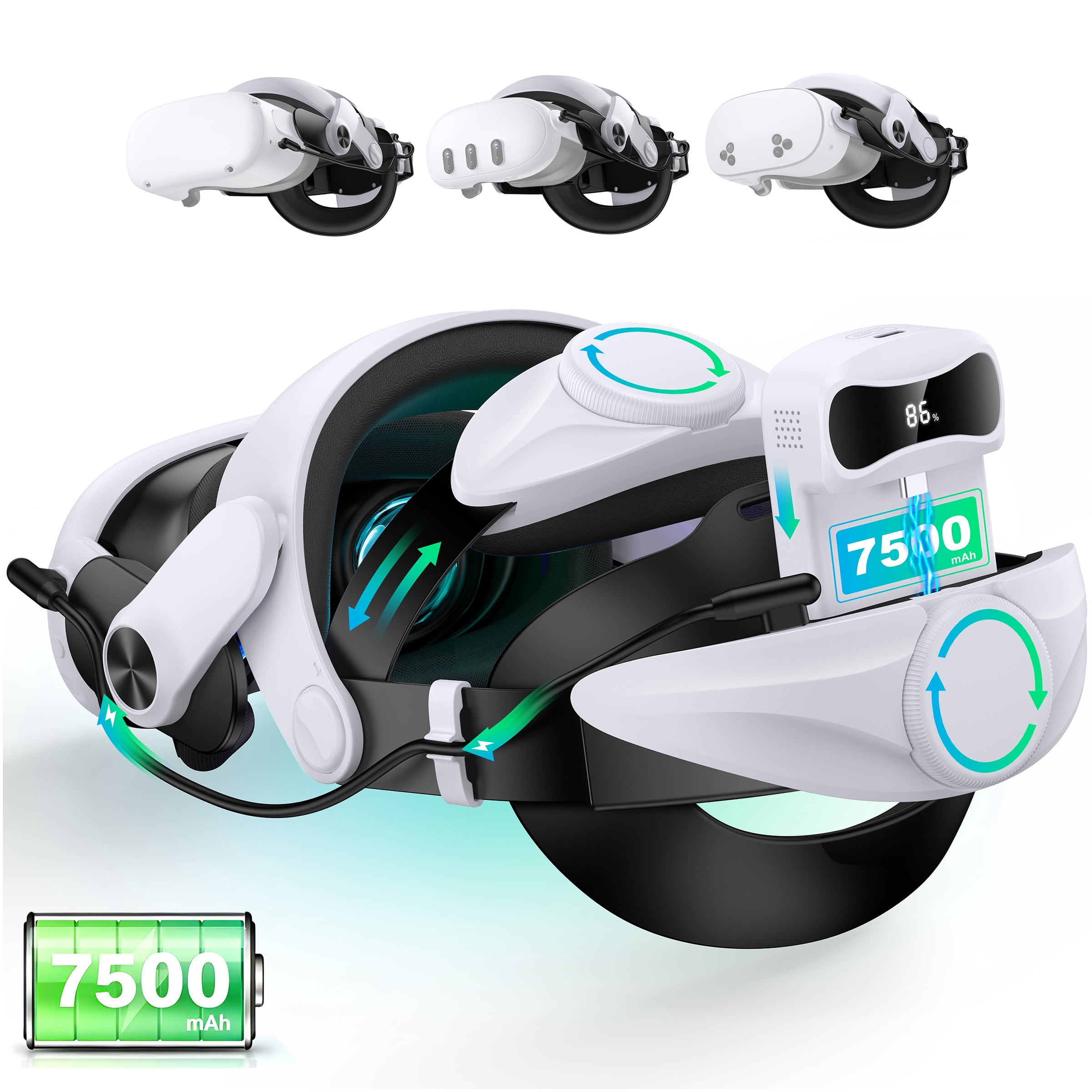 Esywen VR Head Strap with 7500mAh Battery for Meta Quest 3, 3S, and 2 (White, 7500mAh) 2p3hm
