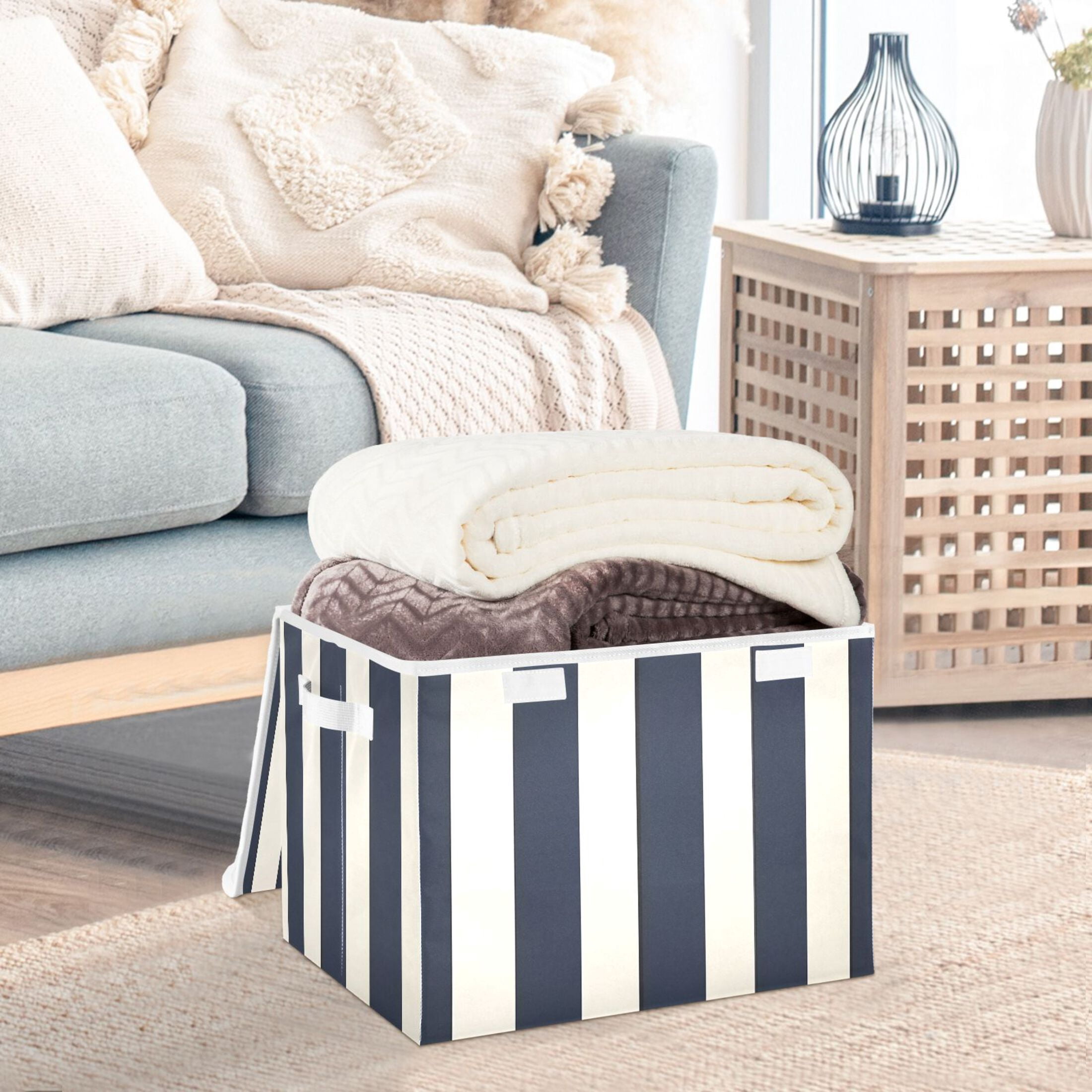 Booyaa Foldable Storage Bin with Lid and Handles, Vertical Stripe Fabric Organizer for Closet and Home (Navy Blue, 16.5 x 12.6 x 11.8 in) wvq29