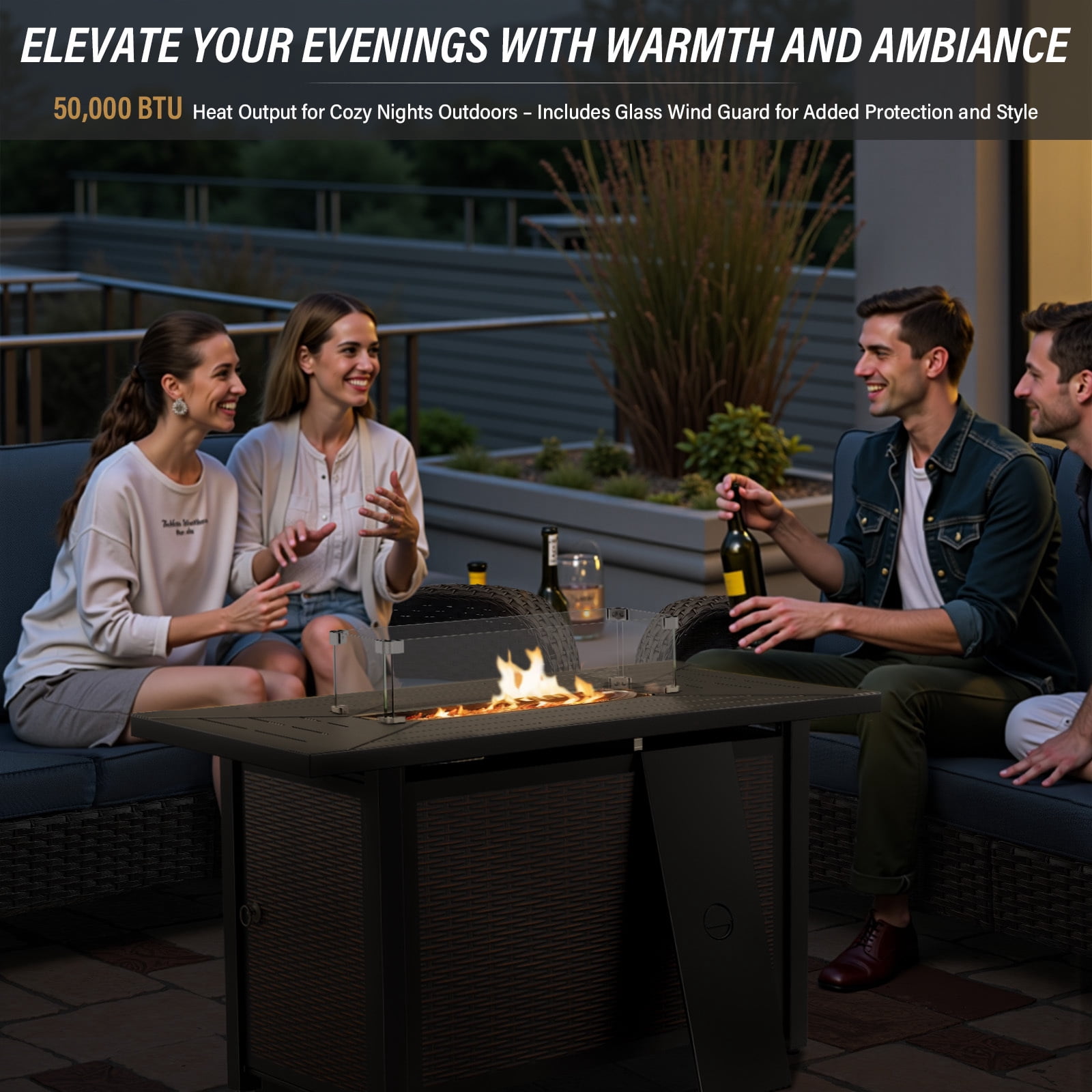 Bellefurn 7-Piece Patio Furniture Set with Fire Pit Table, Swivel Rockers, Sofa, and Ottomans (Brown, 7-Piece Set) hvj5c