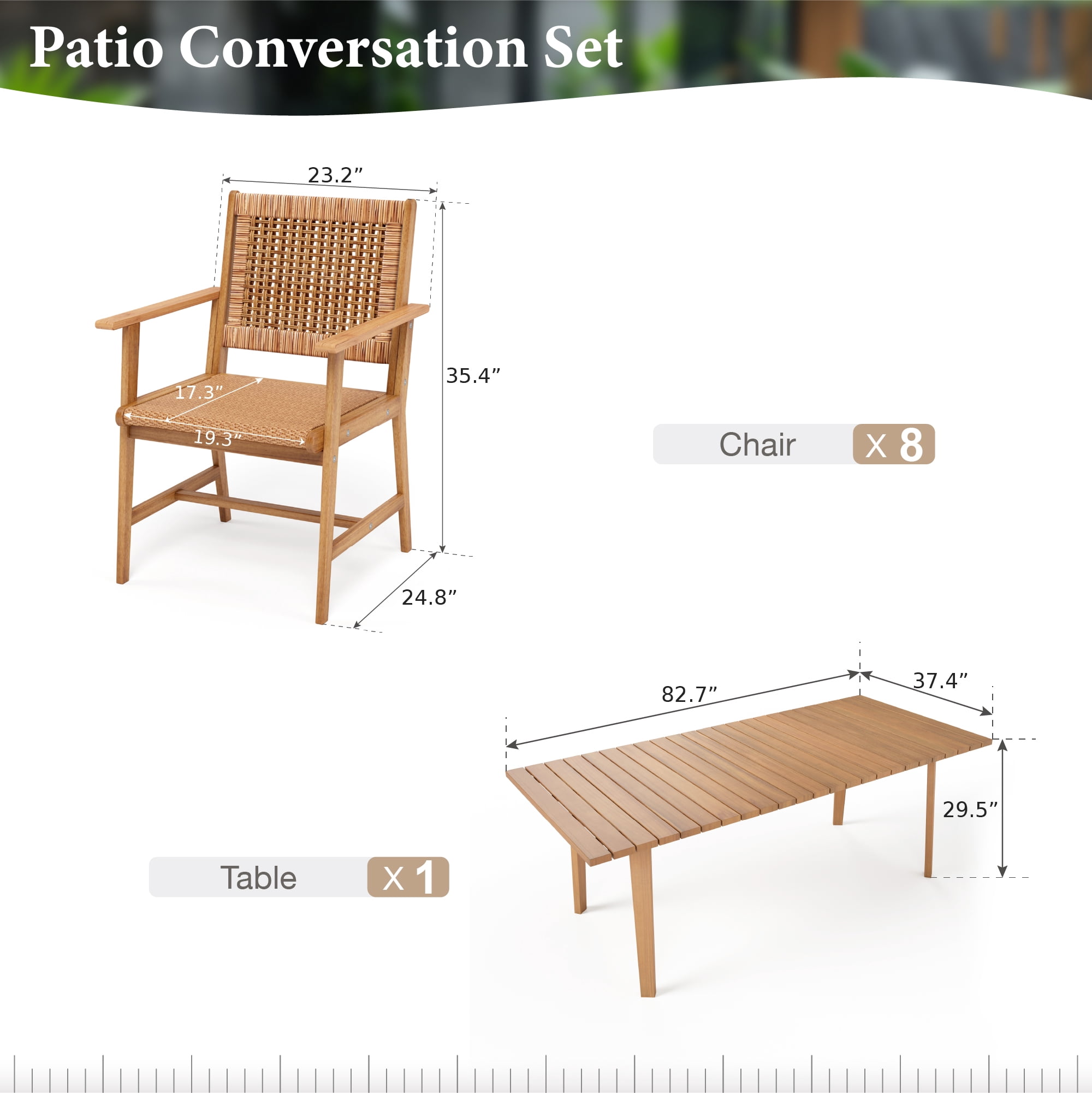 Summit Living 9-Piece Acacia Wood Outdoor Patio Dining Set with Rattan Chairs (Brown, 9-Piece Set) eric2