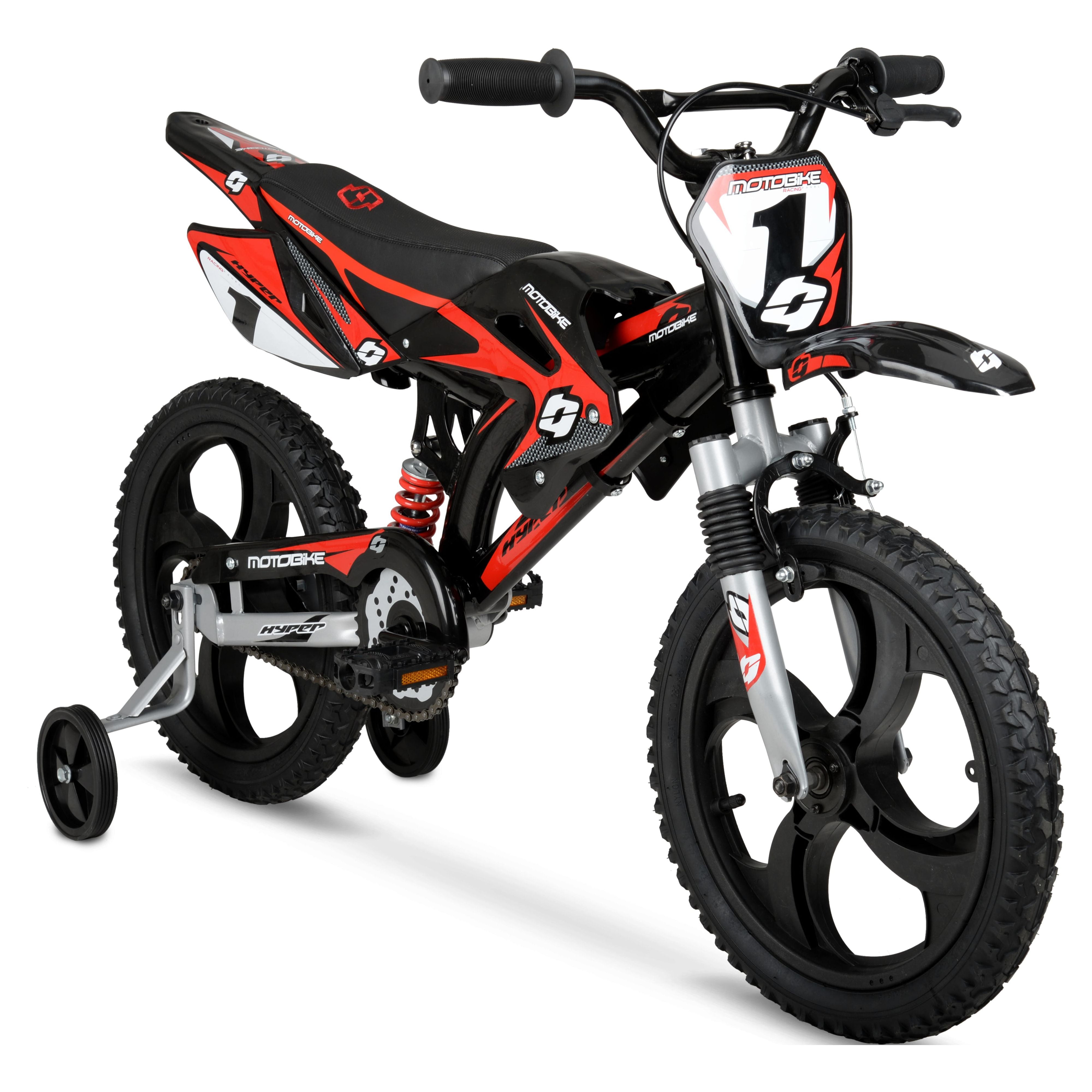 Hyper Bicycles 16 in Moto Bike for Kids, Durable Steel Frame with Training Wheels (Black/Red, 16 in) q75c1