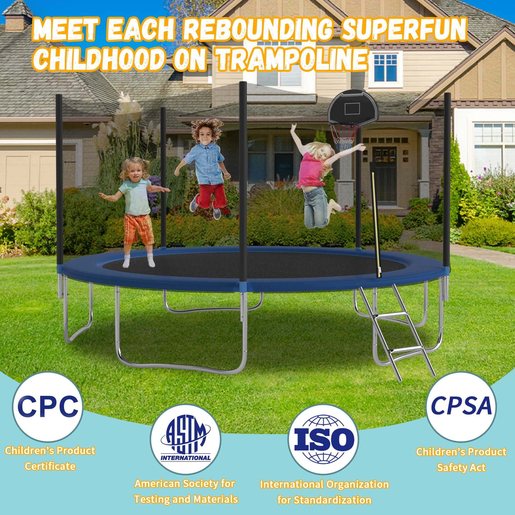 Shengchao Trade 14ft Outdoor Trampoline with Safety Enclosure Net and Basketball Hoop (Blue, 14ft) okcmf