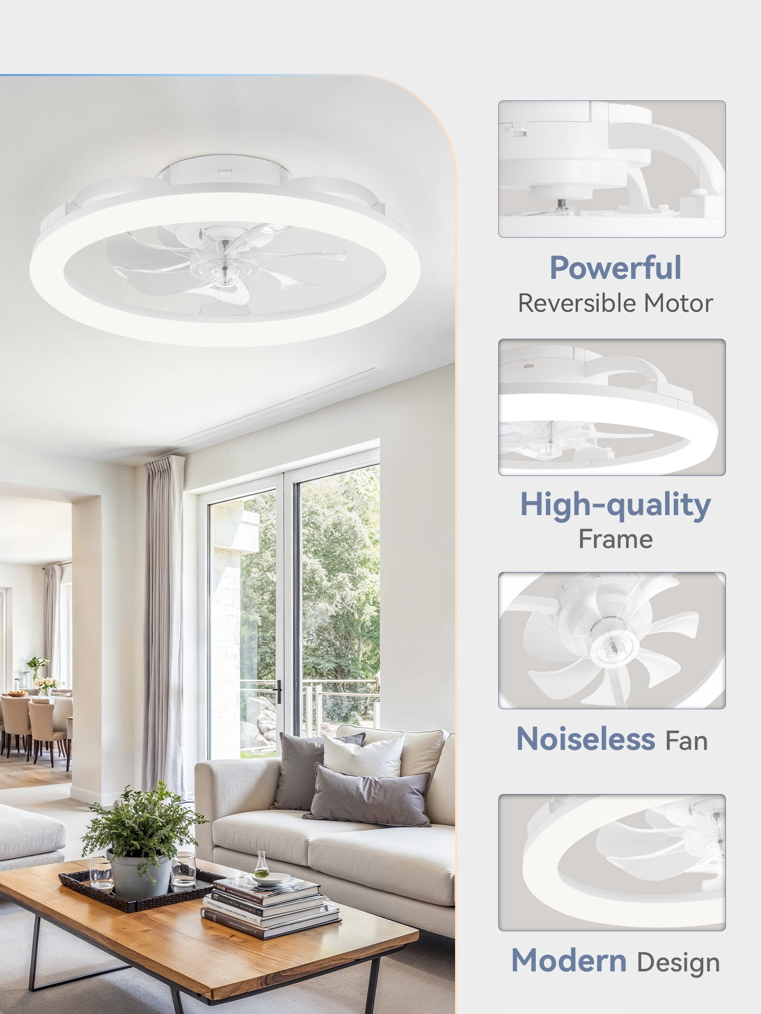 Lokivas 20 in Modern LED Ceiling Fan with Lights, Remote & APP Control, 6-Speed Reversible (White, 20 in) zhtt2