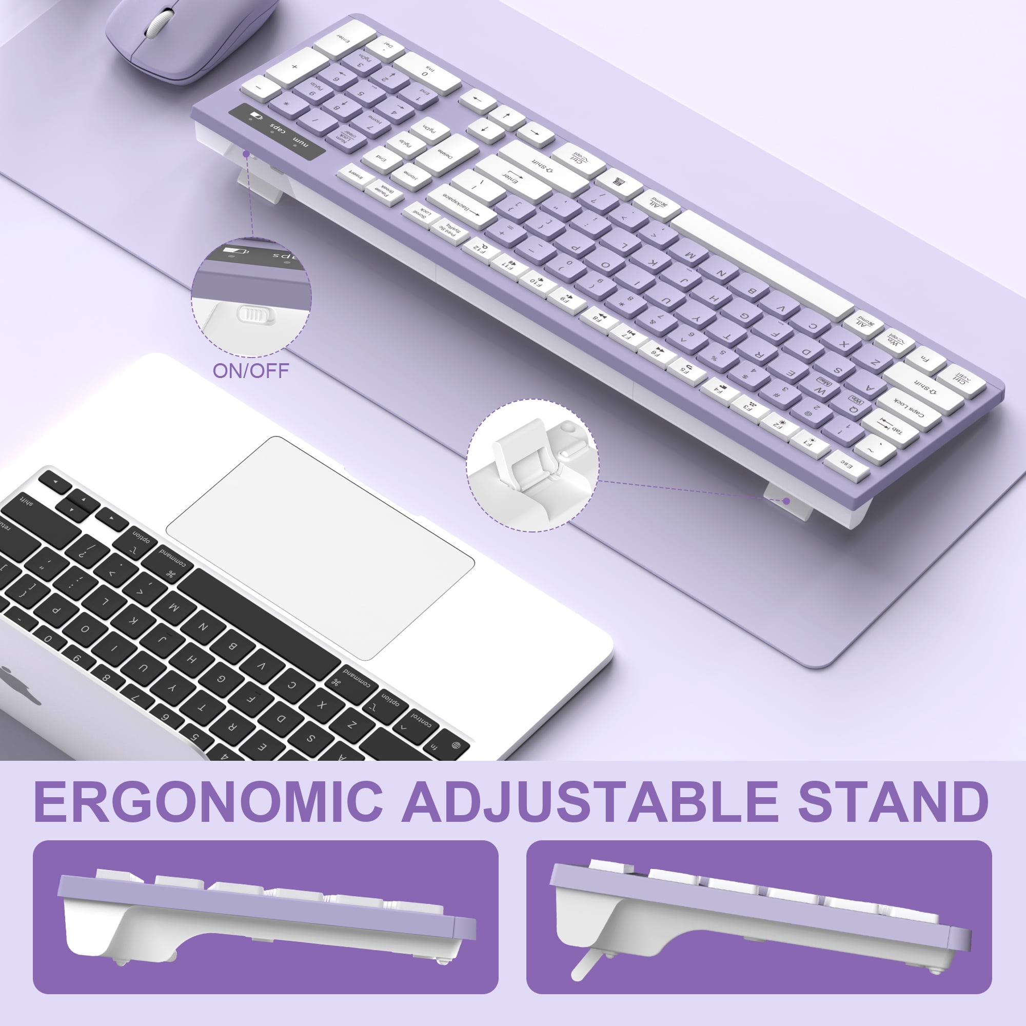 RECCAZR Wireless Keyboard and Mouse Combo, Full Size Ergonomic Desktop Set with Multimedia Keys (Purple, 1 Set) m2vha