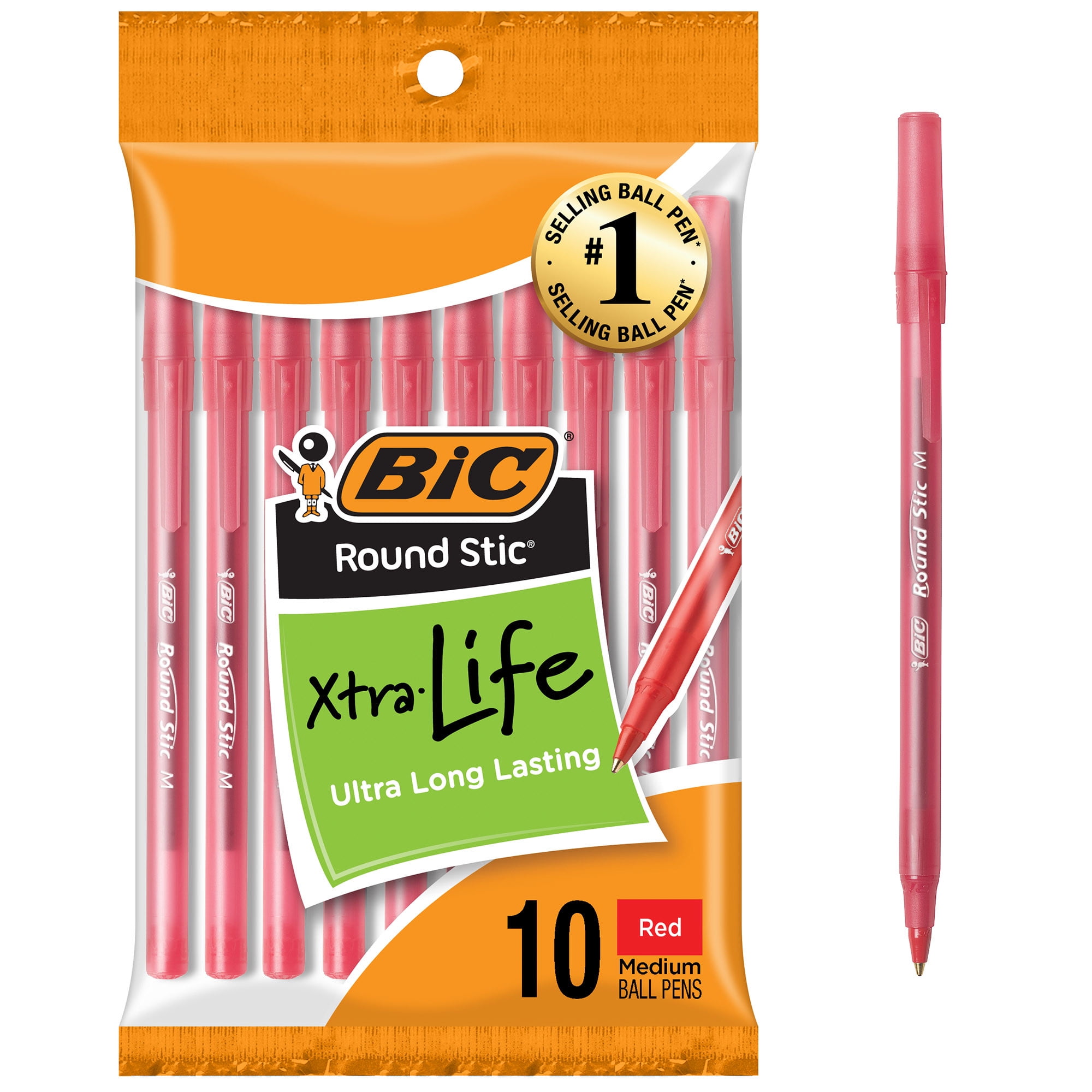BIC Round Stic Xtra Life Ballpoint Pen, Medium Point, Red (10 Count) ipdun