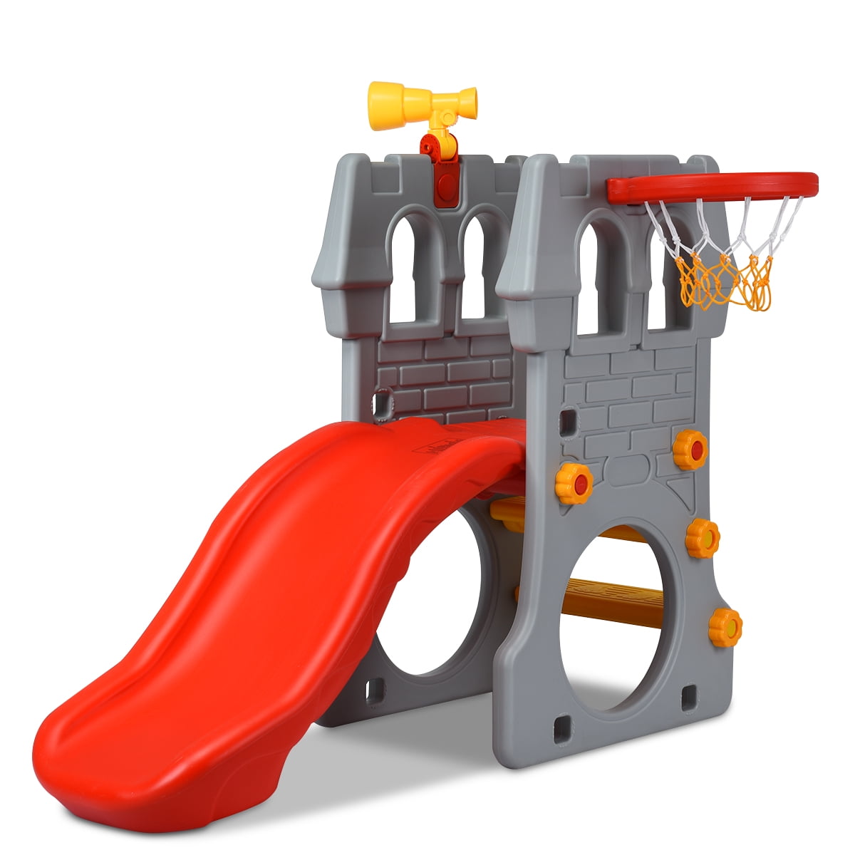 Costway Kids Castle Play Slide with Basketball Hoop and Telescope (Red, 54.5 in x 36.5 in x 45 in) fgnss