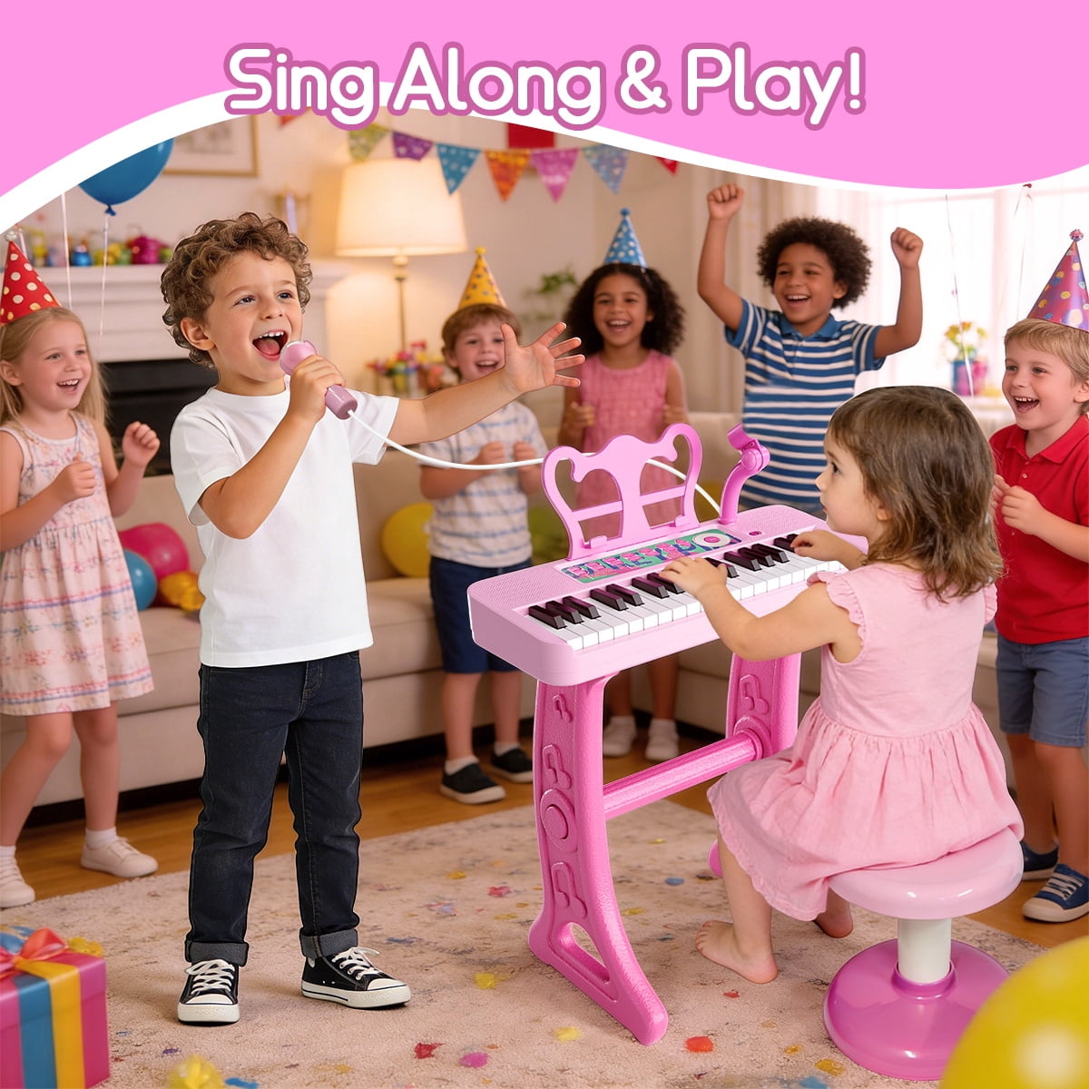 WLBES 37-Key Electronic Keyboard Piano Set with Stand and Stool (Pink, 1 Set) blafm