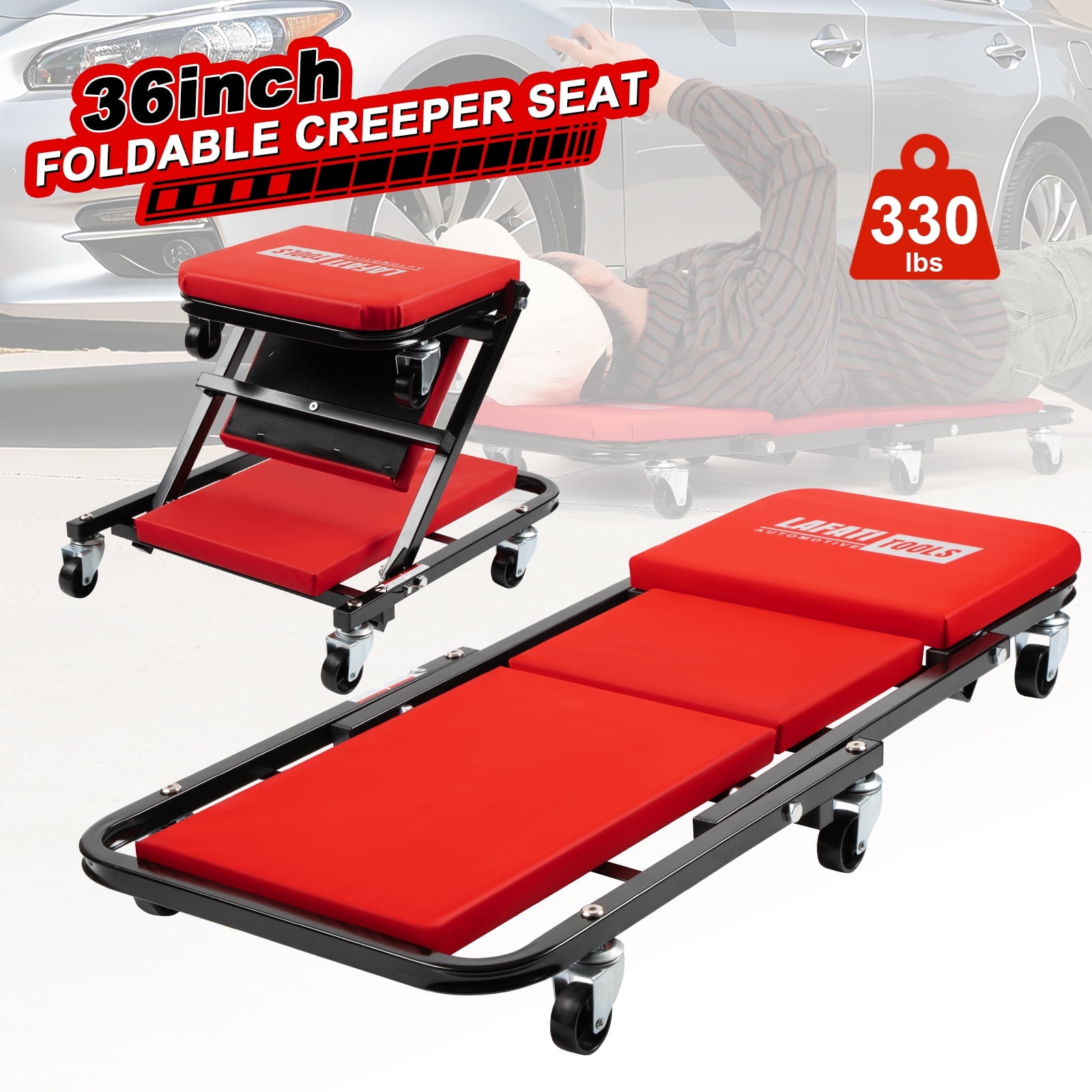 Lafati 2-in-1 Foldable Mechanic Creeper and Rolling Work Stool, Heavy-Duty Steel Frame with 6 Smooth-Rolling Casters (Red, 36 in) i28yv
