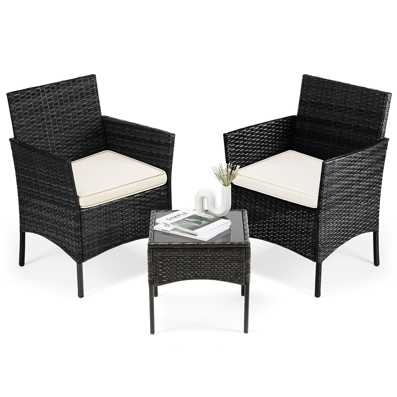 TINKLE WELL 3-Piece Outdoor Rattan Bistro Set, Patio Rocking Chairs with Glass-Top Coffee Table (Light Gray, 3-Piece Set) x3ap2