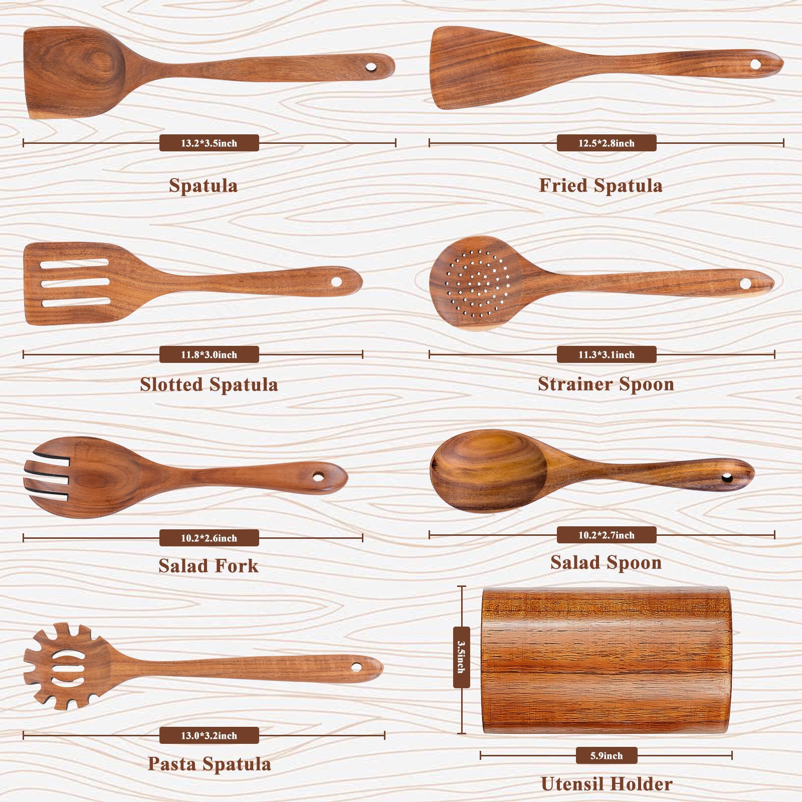 VAVSEA Natural Teak Wooden Cooking Utensils Set, Heat Resistant Non-Stick Kitchen Tools (8 Piece Set) 9fvzf