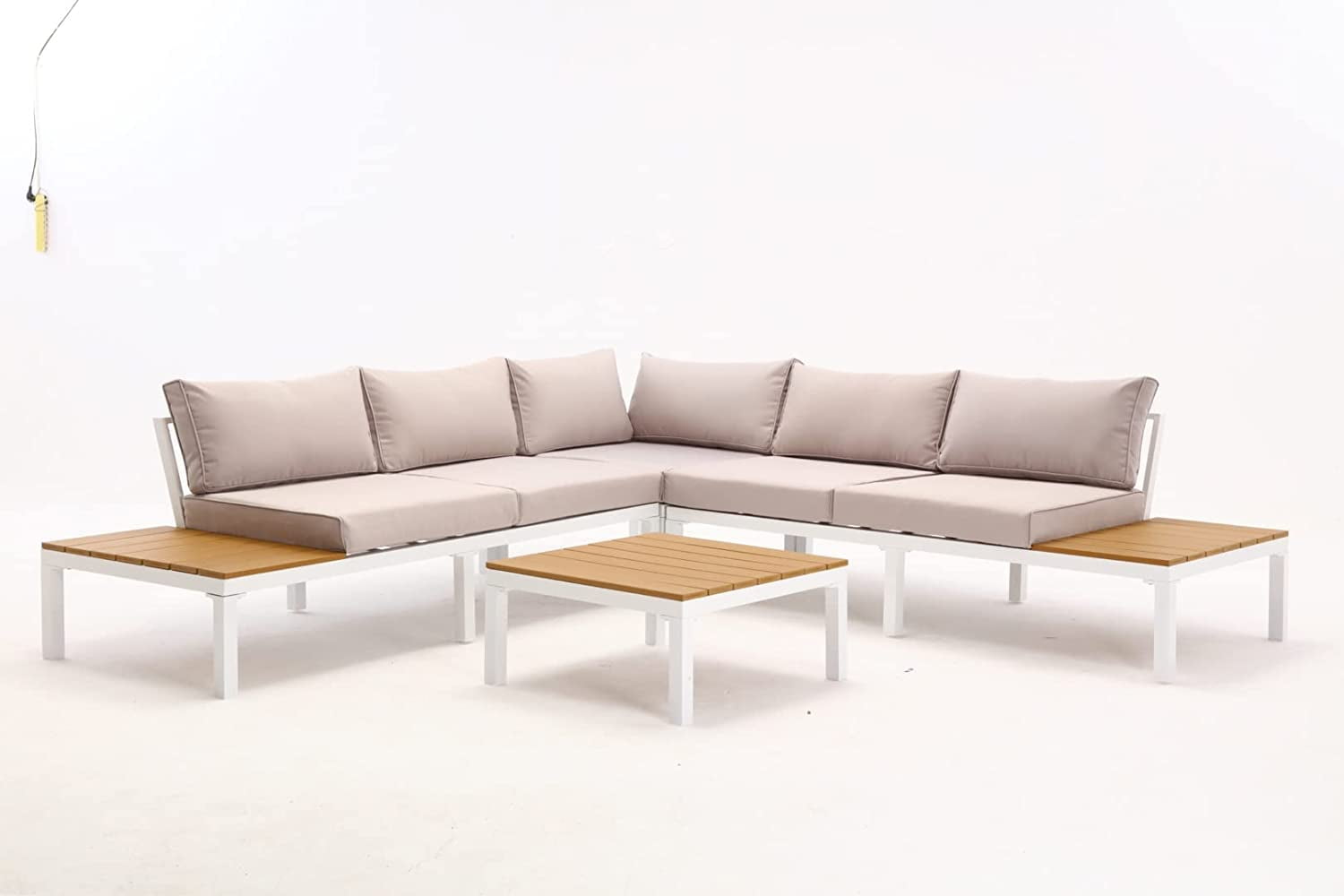 Dextrus 6-Piece Aluminum Patio Furniture Set, Outdoor L-Shaped Sectional Sofa with Side Tables and Cushions (Beige, 93.7 in x 93.7 in) w3q4c