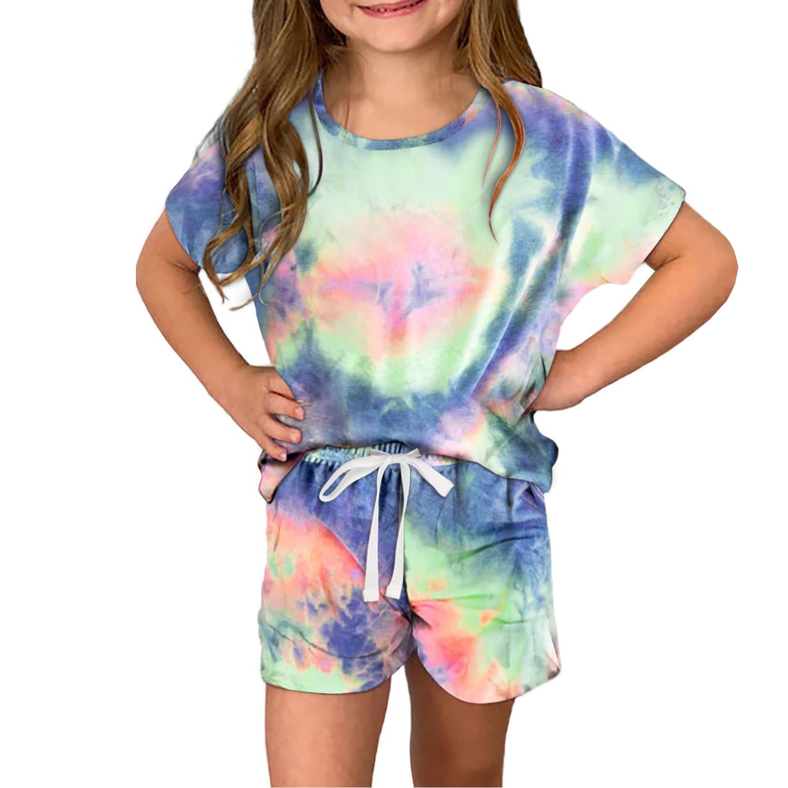 ATOGUTA Girls Tie-Dye Summer Outfit 2-Piece Short Set (Blue, 3T-14) ht6fa