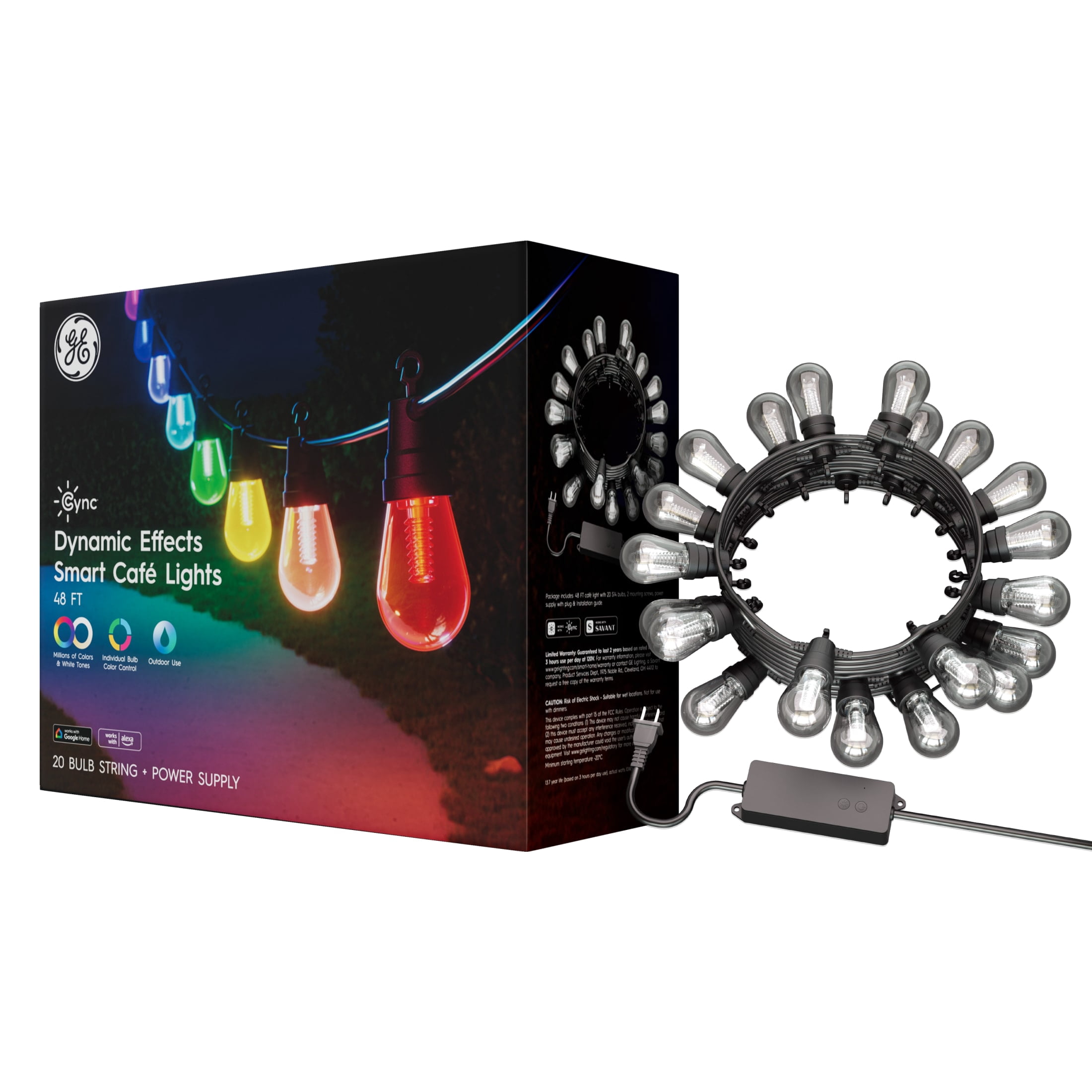 GE Lighting Cync Dynamic Effects Smart LED Cafe String Lights, Color Changing Outdoor Patio Lighting (Multicolor, 48 ft) 6nlbe