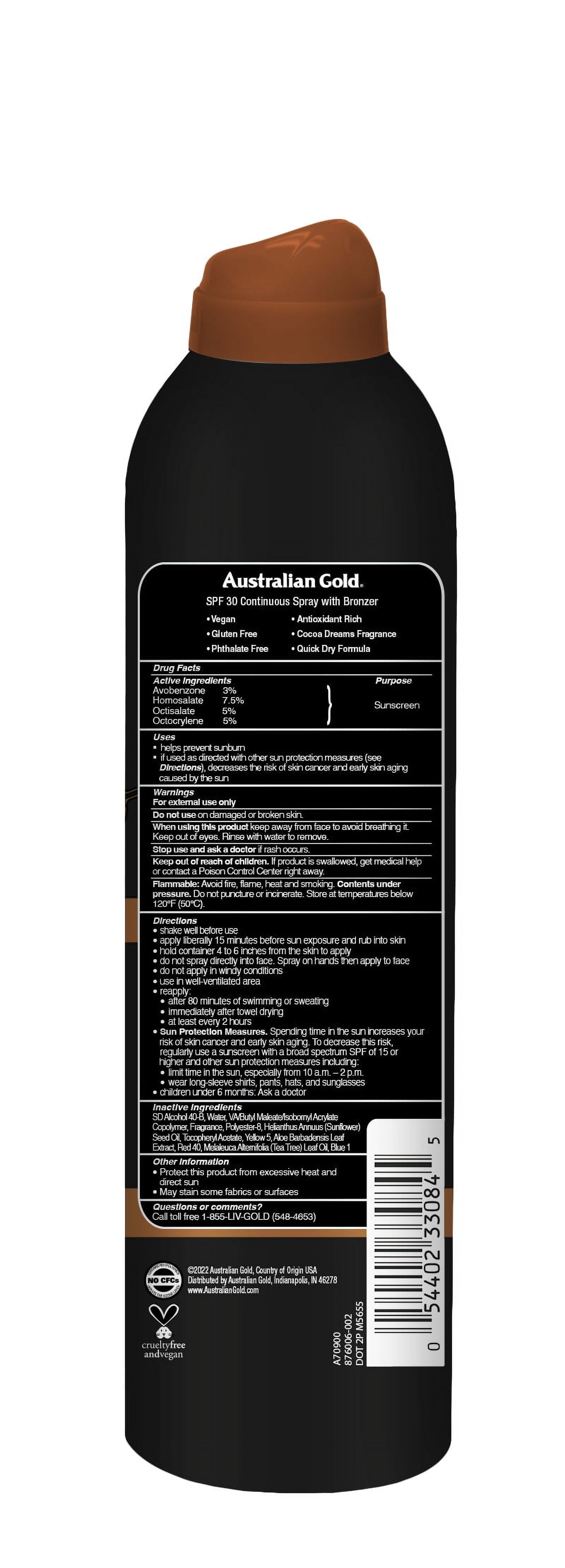 Australian Gold SPF 30 Continuous Spray Sunscreen with Instant Bronzer (Gold, 2 Pack, 6 oz) an6xg